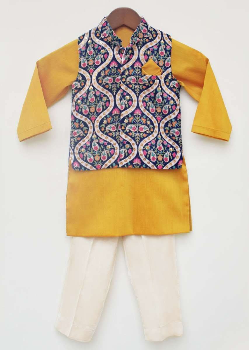 Kalki Boys Blue Embroidered Nehru Jacket In Velvet With Yellow Kurta And Pant By Fayon Kids - Image 3