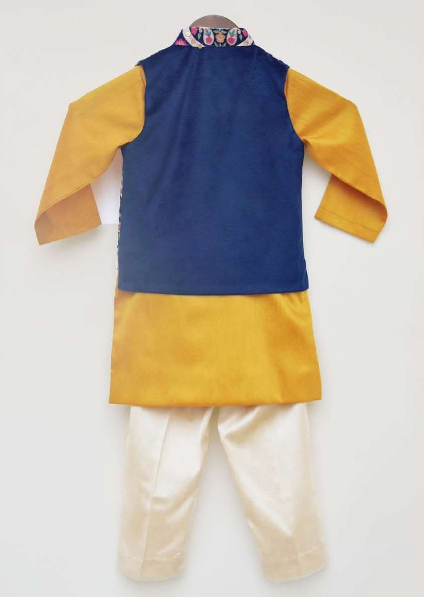 Kalki Boys Blue Embroidered Nehru Jacket In Velvet With Yellow Kurta And Pant By Fayon Kids - Image 4