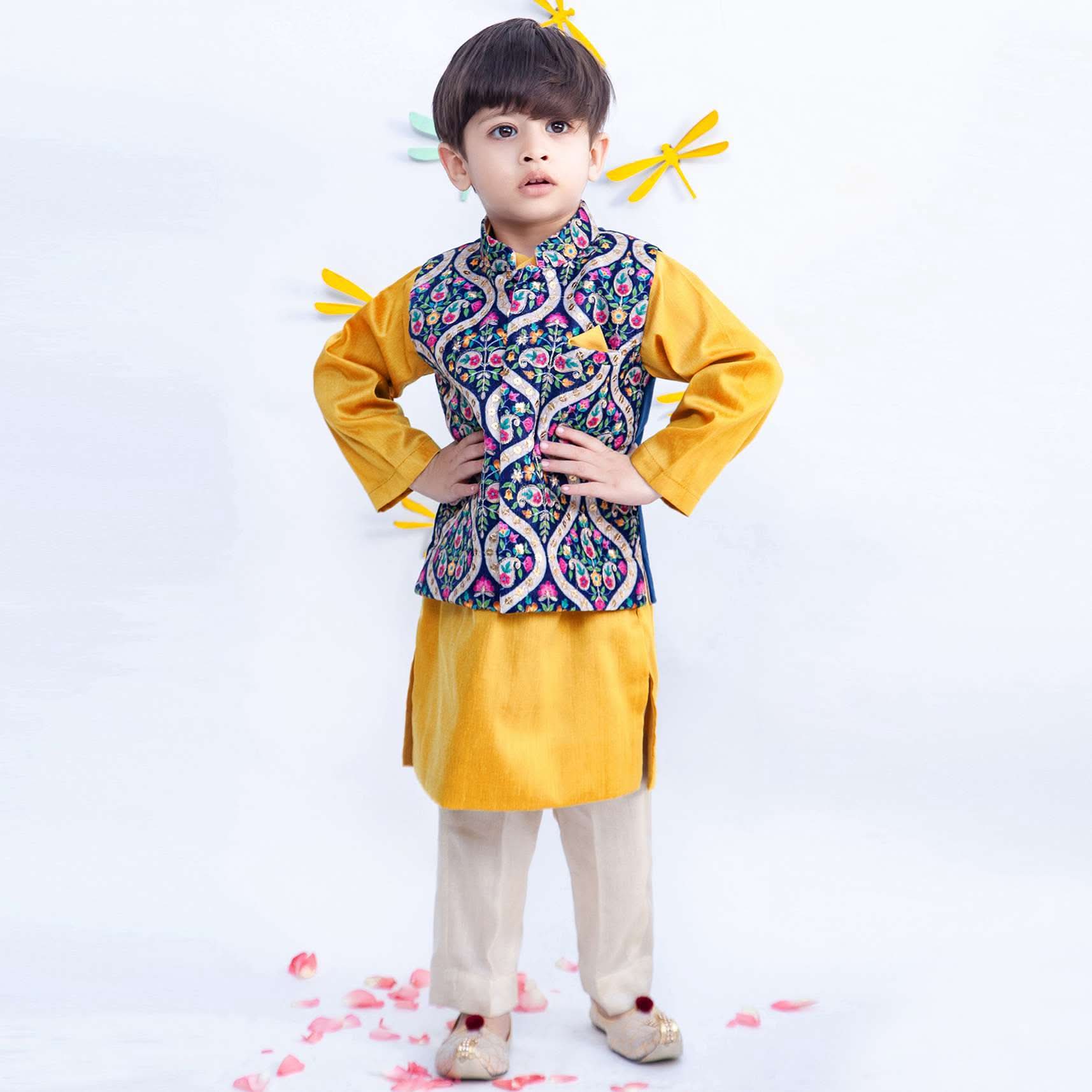 Kalki Boys Blue Embroidered Nehru Jacket In Velvet With Yellow Kurta And Pant By Fayon Kids - Image 5