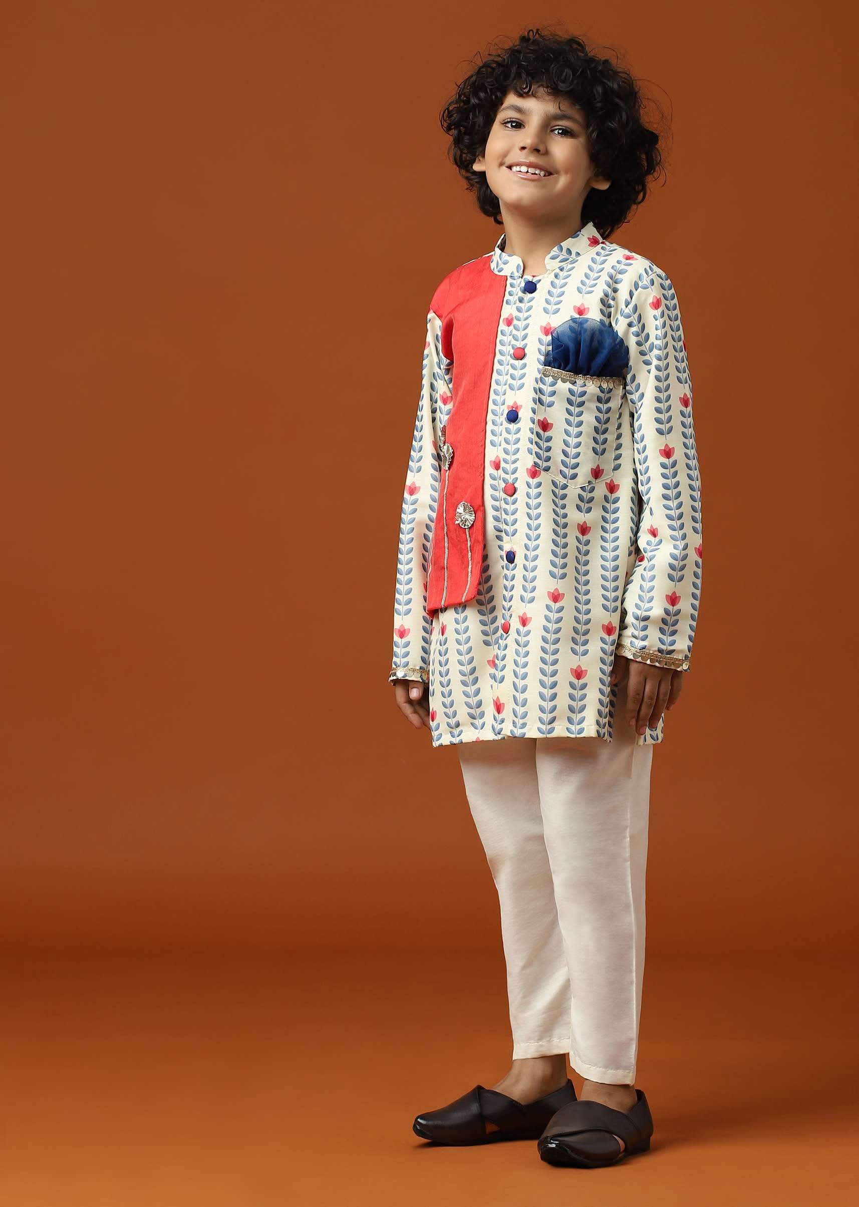 Kalki Coral White Printed Kurta Set In Cotton Silk For Boys - Image 3