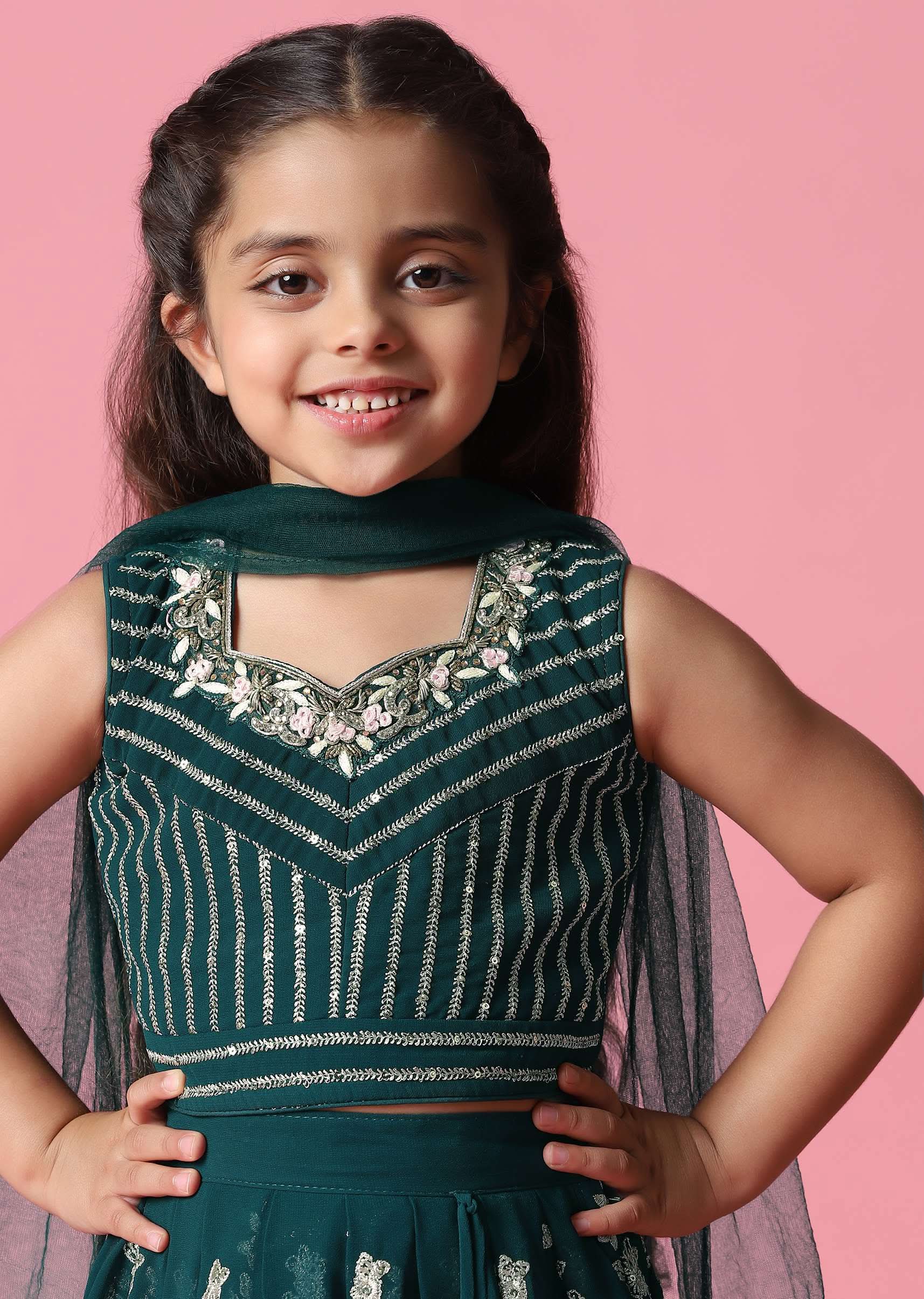 Kalki Deep Green Embroidered Lehenga Set In Georgette For Girls - Image 4