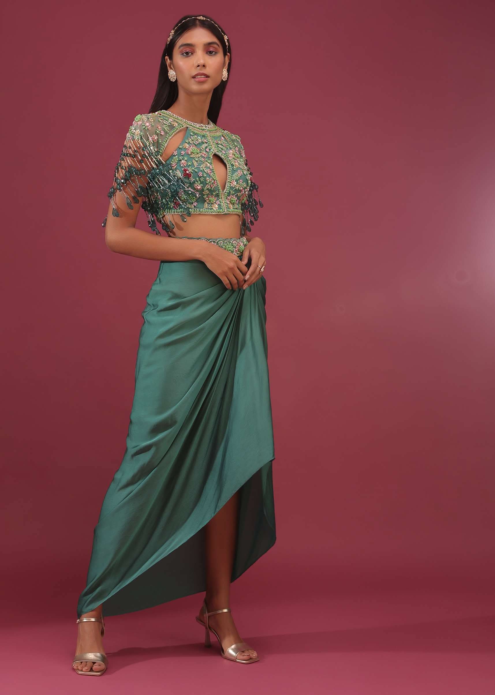 Sea Green Dhoti Crop Top Set In Satin Organza With Embroidery - NOOR 2022 - Image 4