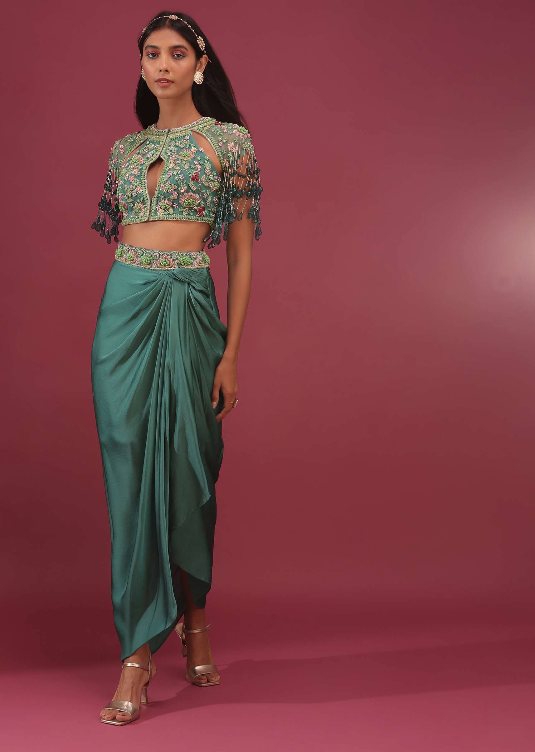 Sea Green Dhoti Crop Top Set In Satin Organza With Embroidery - NOOR 2022 - Image 6