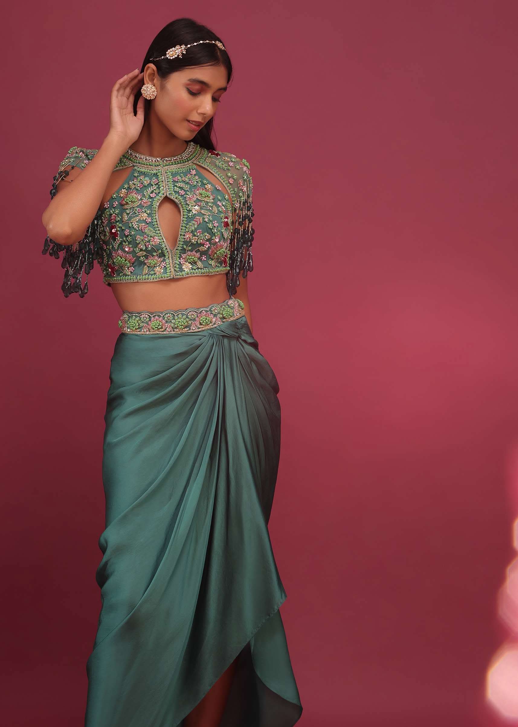 Sea Green Dhoti Crop Top Set In Satin Organza With Embroidery - NOOR 2022 - Image 8
