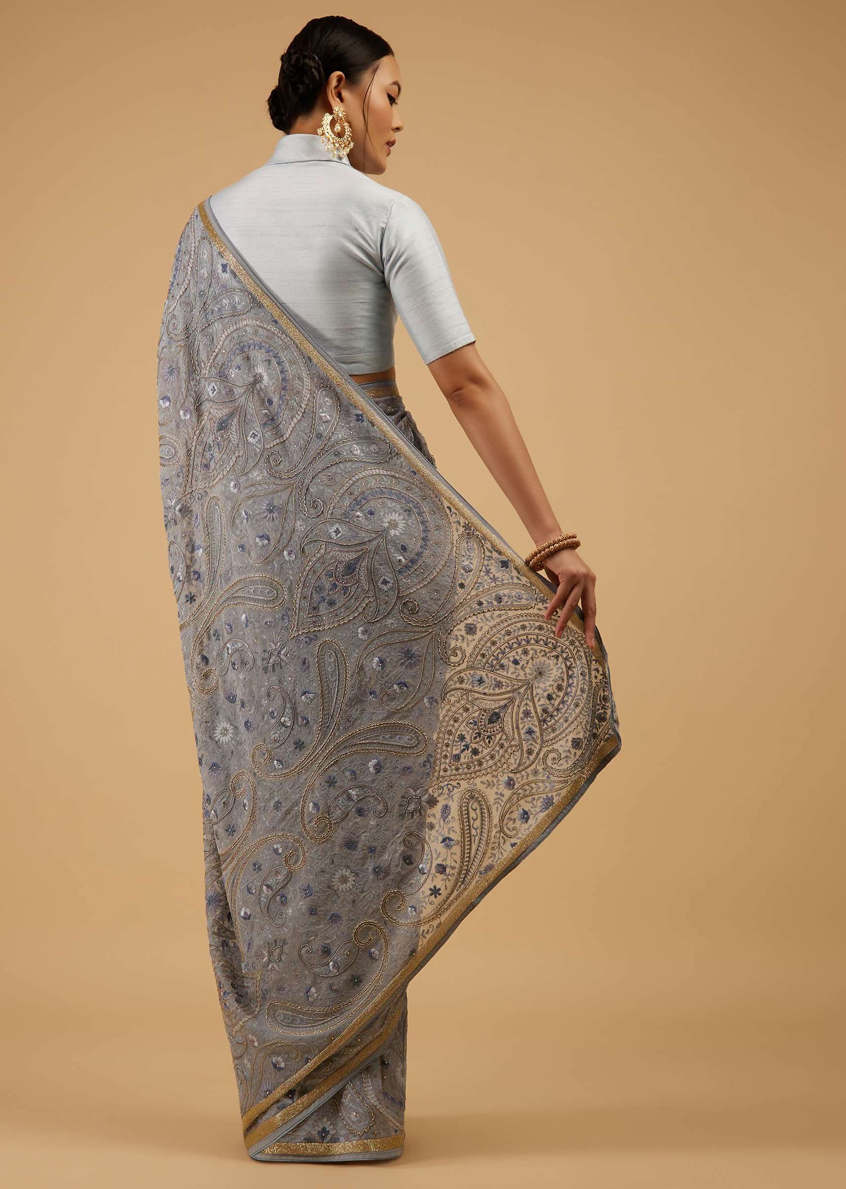 Powder Blue Saree Kashmiri Embroidered In Georgette - Image 5