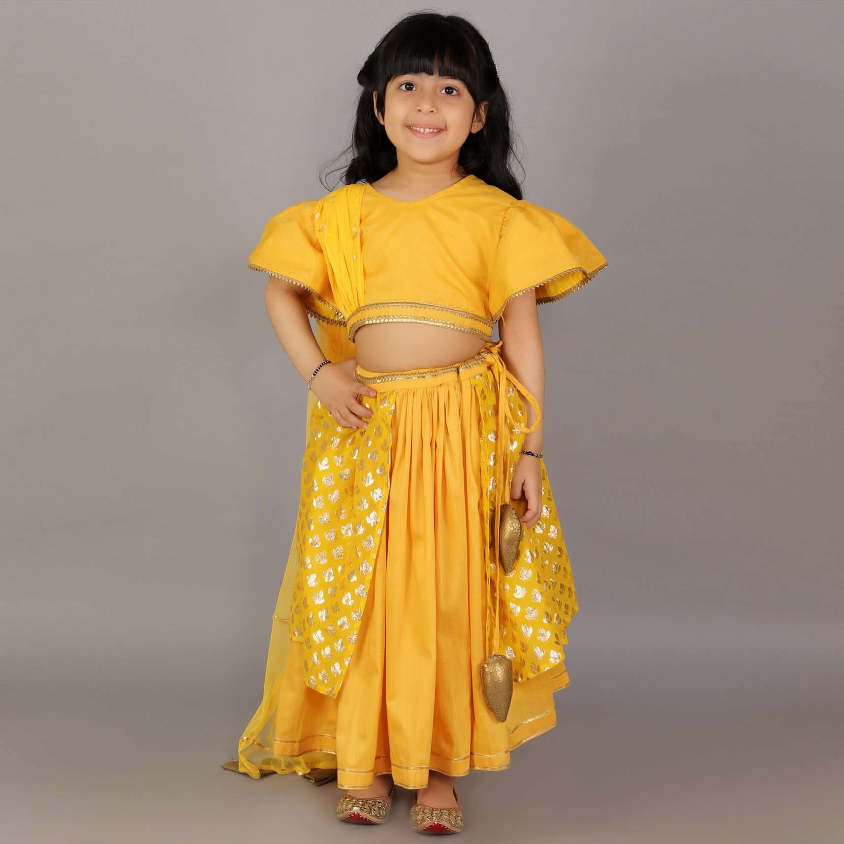 Kalki Girls Mustard Yellow Lehenga And Crop Top With Organza Sleeves And Woven Design - Image 3