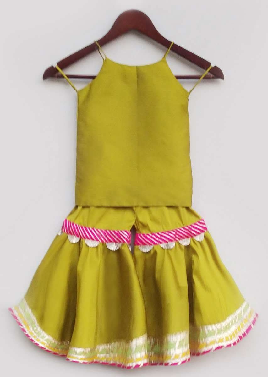 Kalki Girls Olive Green Sharara Suit In Chanderi With Foil Printed Buttis And Lace Work By Fayon Kids - Image 3