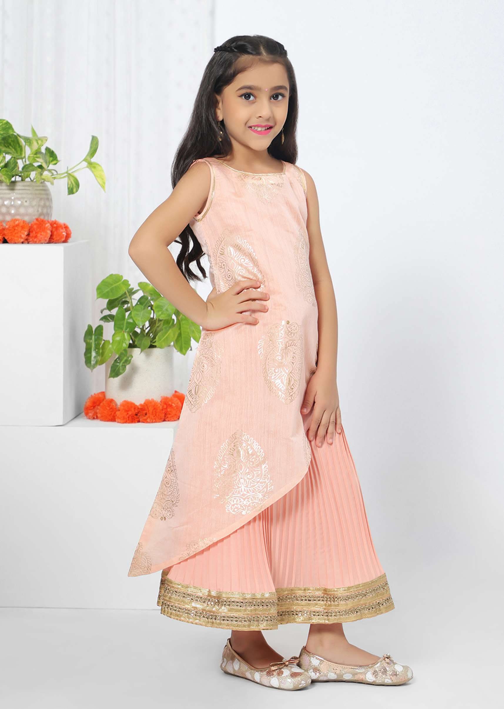 Kalki Girls Pink Layered Kurta And Lehenga Set With Foil Print And Asymmetric Hem By Mini Chic - Image 4