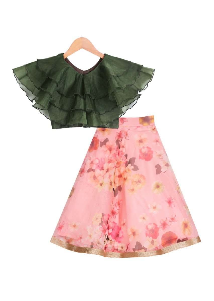 Kalki Girls Ruffle olive top with floral printed pink organza lehenga