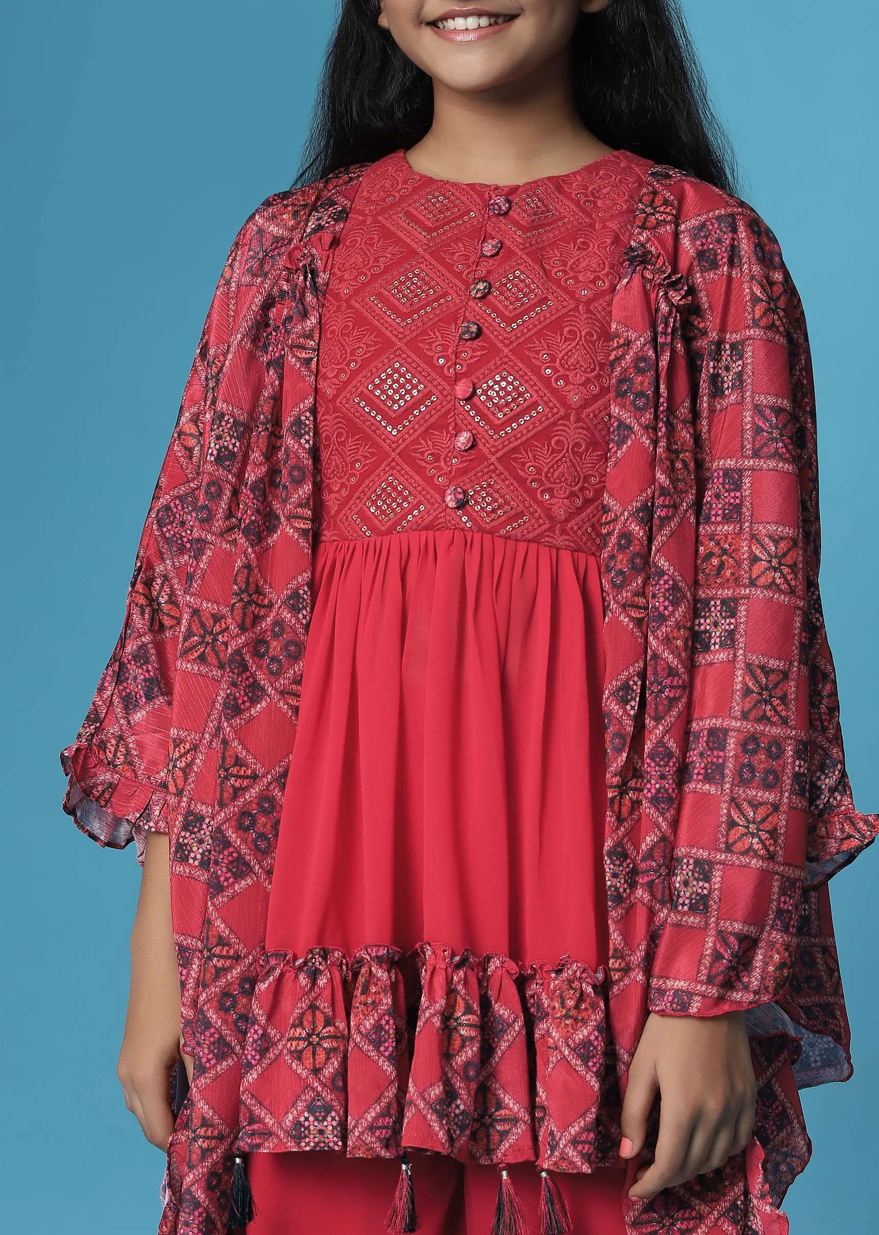 Kalki Hot Pink Embroidered Kurti And Palazzo Set In Georgette With Flared Sleeves For Girls - Image 4