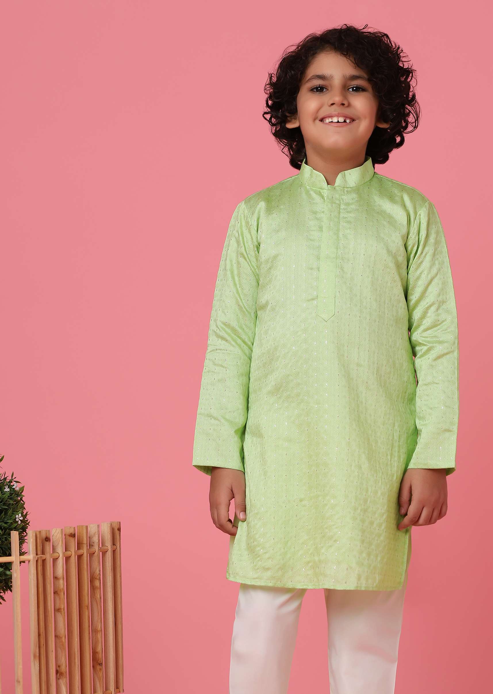 KALKI Mint Green Kurta Set With Thread Embroidery For Boys - Image 4