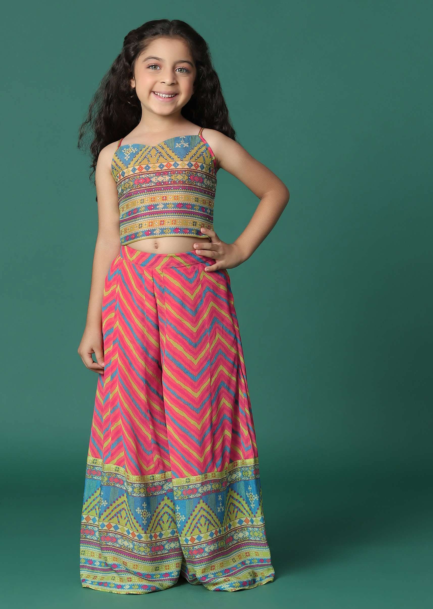 Kalki Multi Colored Printed Top And Palazzo Set With Jacket In Pure Chinon For Girls - Image 10