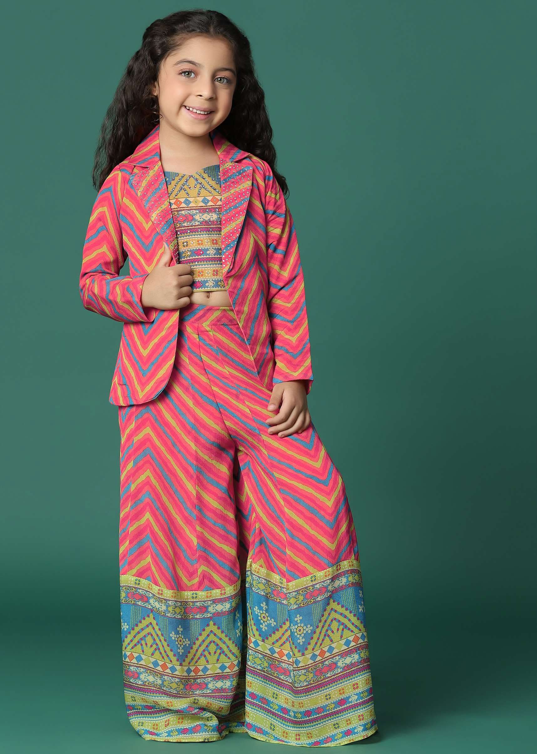 Kalki Multi Colored Printed Top And Palazzo Set With Jacket In Pure Chinon For Girls - Image 5