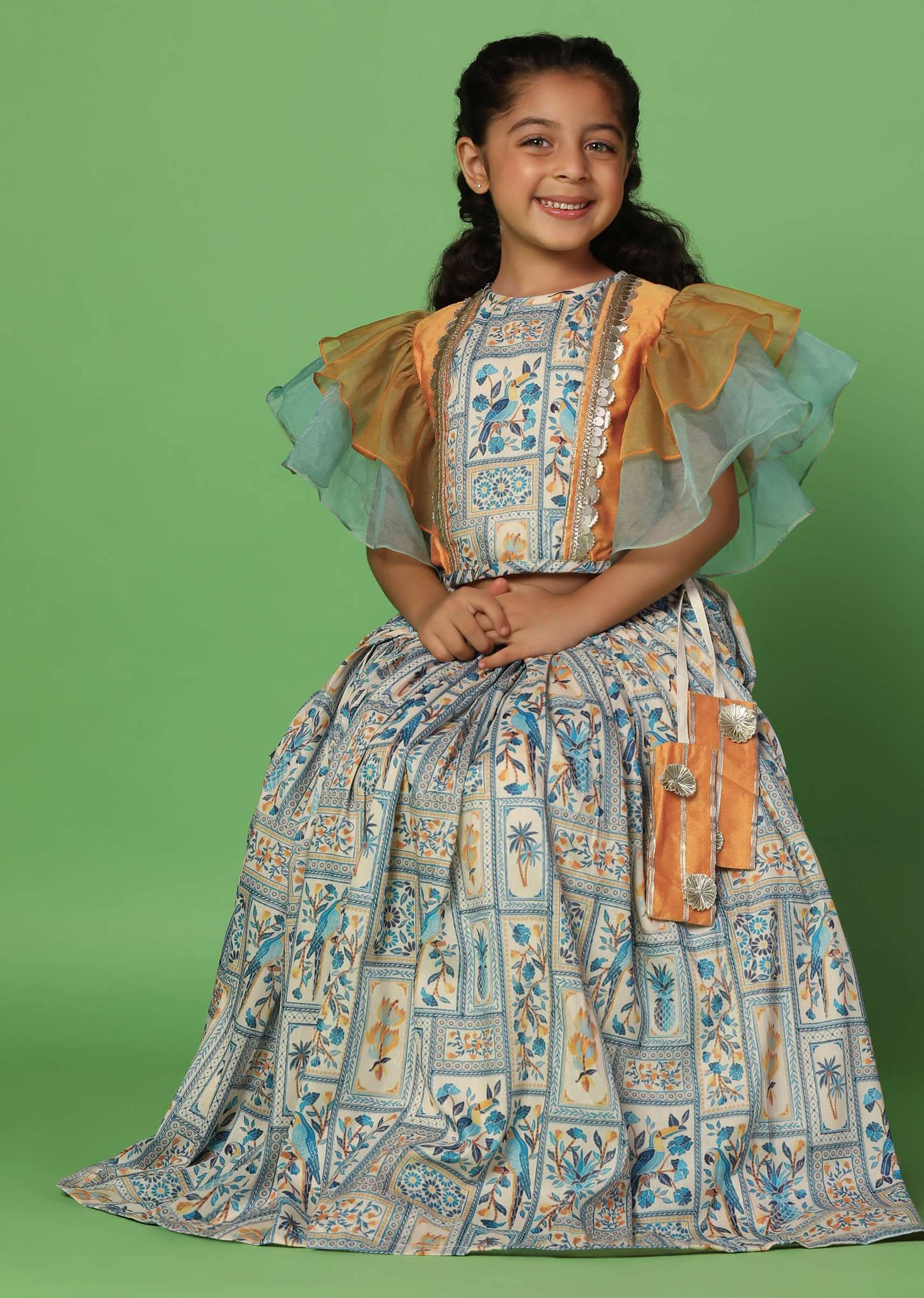 Kalki Multicolor Top And Lehenga Set In Cotton Silk For Girls - Image 4