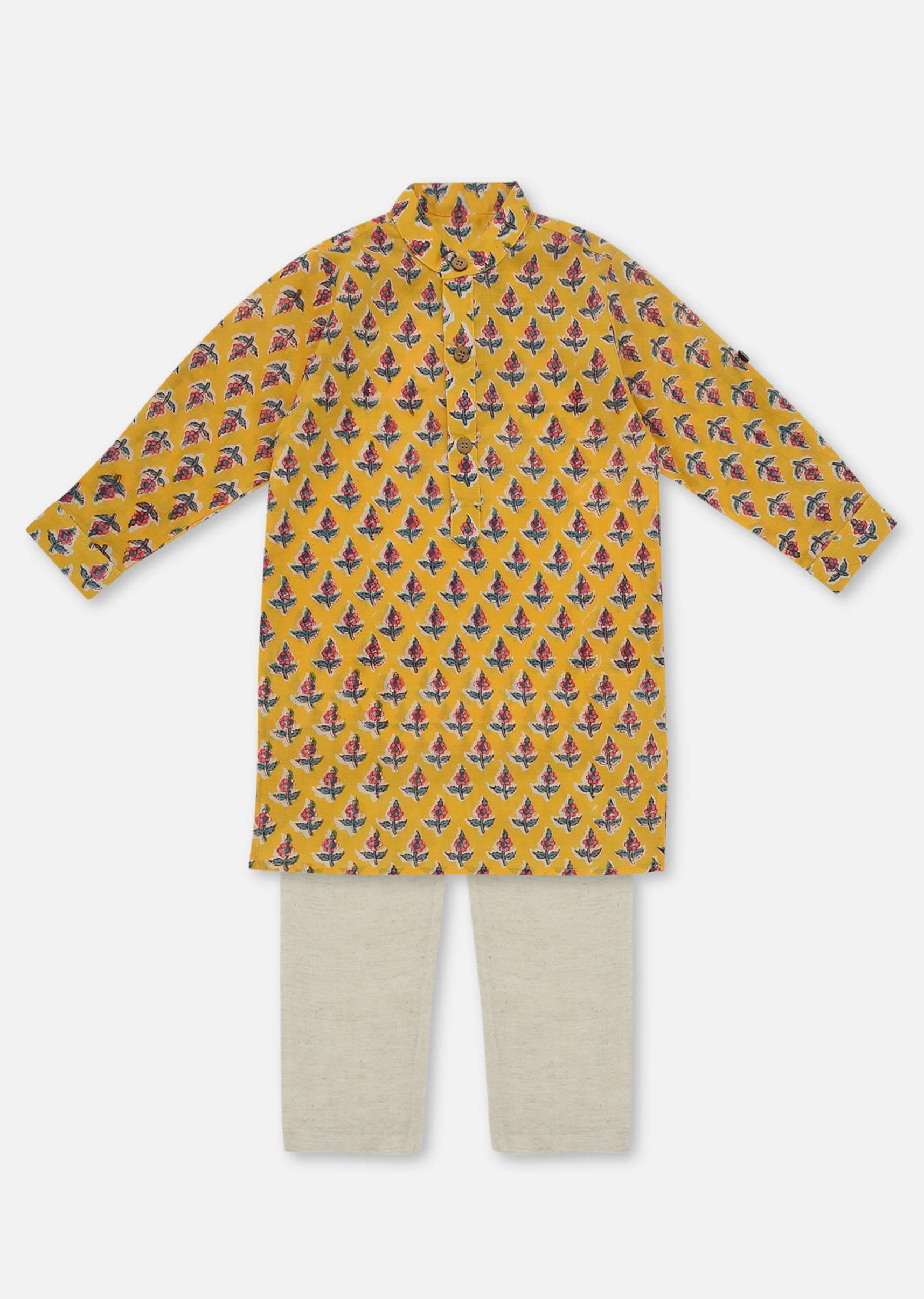 Kalki Ocher Yellow Printed Kurta Pant Set In Cotton For Boys - Image 2
