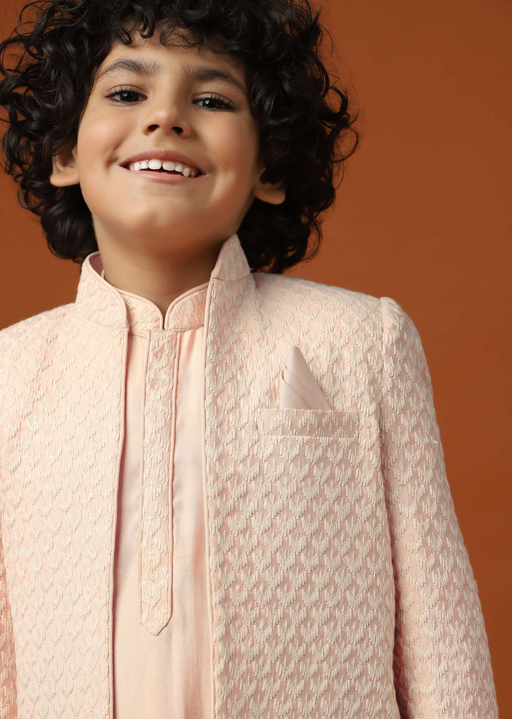 Kalki Peach Pink Sherwani Set In Silk With Threadwork For Boys - Image 4