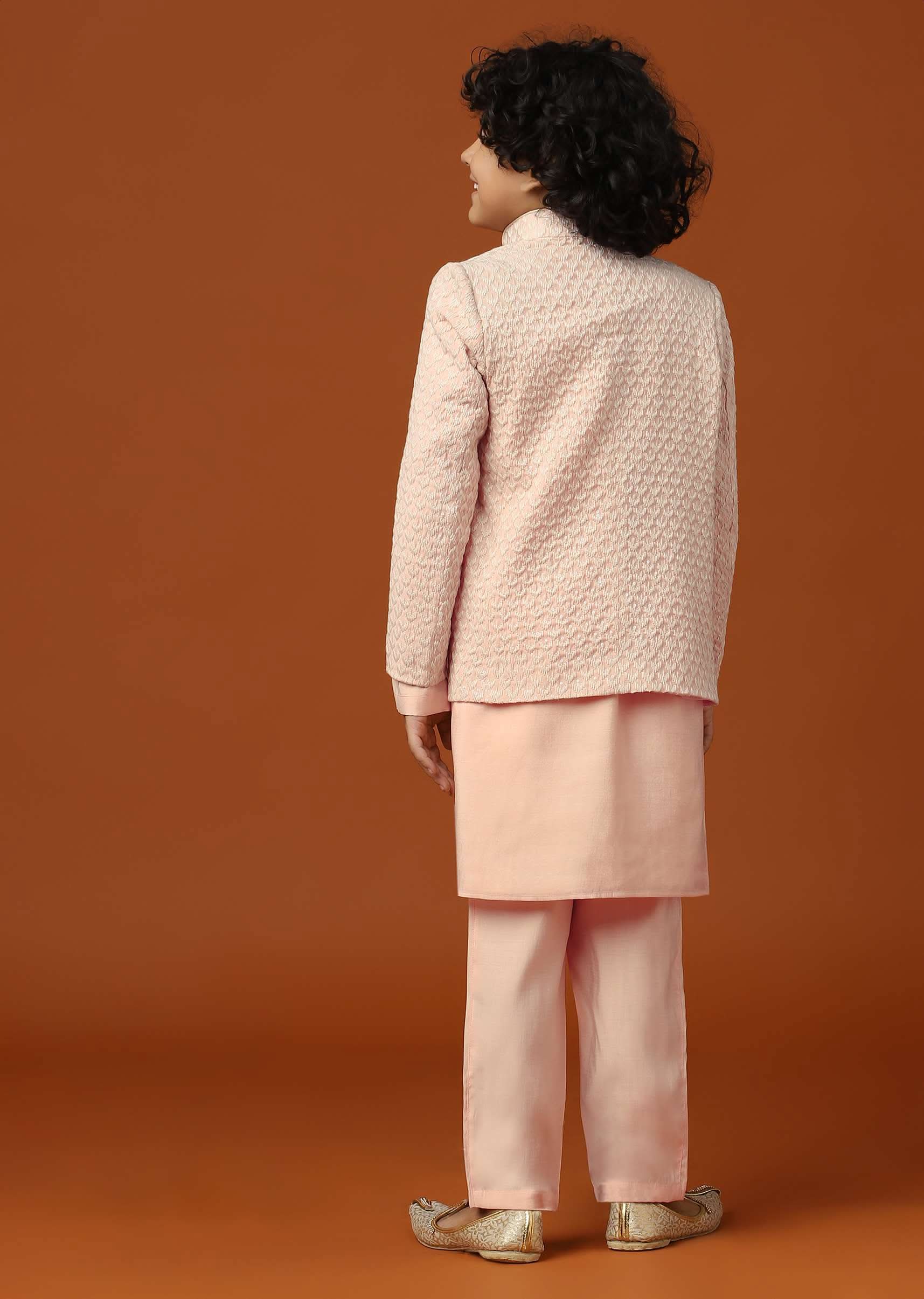Kalki Peach Pink Sherwani Set In Silk With Threadwork For Boys - Image 6