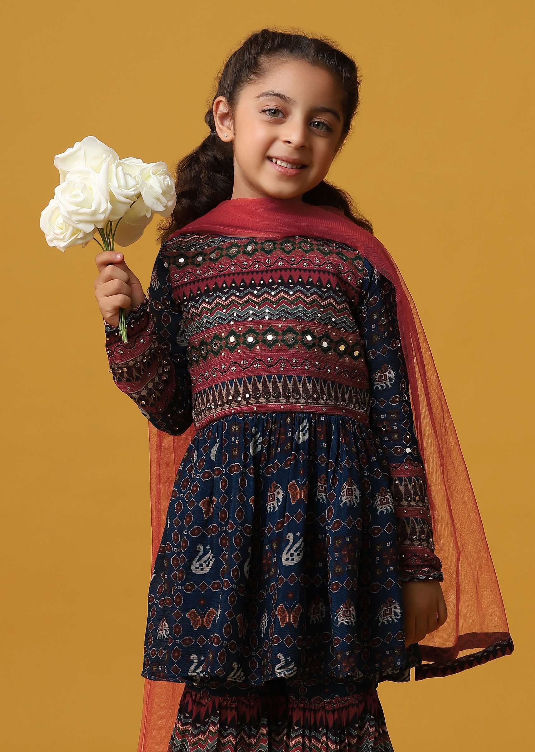Kalki Peacock Blue Printed Kurta And Sharara Set In Georgette For Girls - Image 2