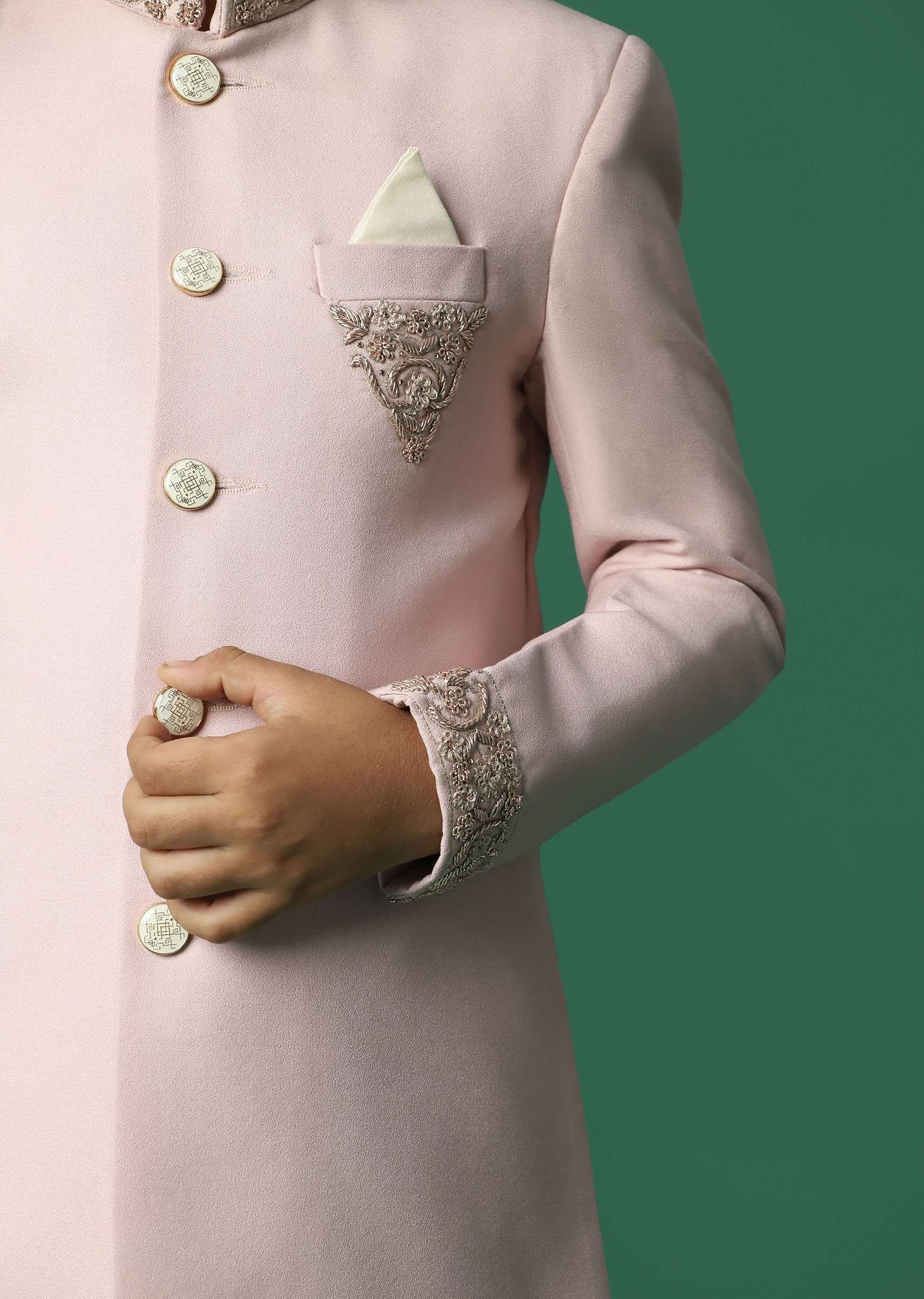 Kalki Pink Sherwani Set In Suiting Fabric With Threadwork For Boys - Image 4