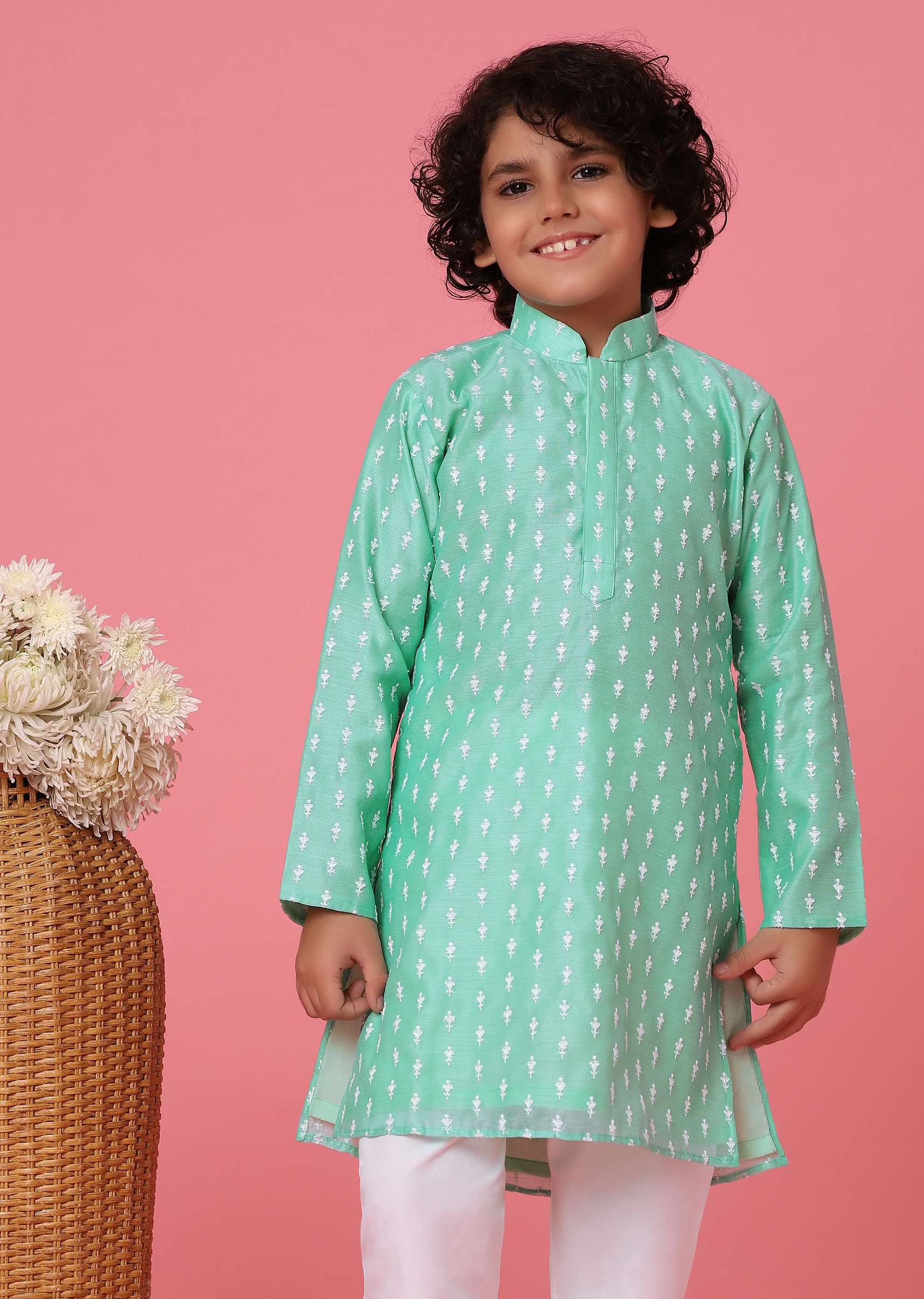 KALKI Sea Green Kurta Set In With Thread Embroidery For Boys - Image 4