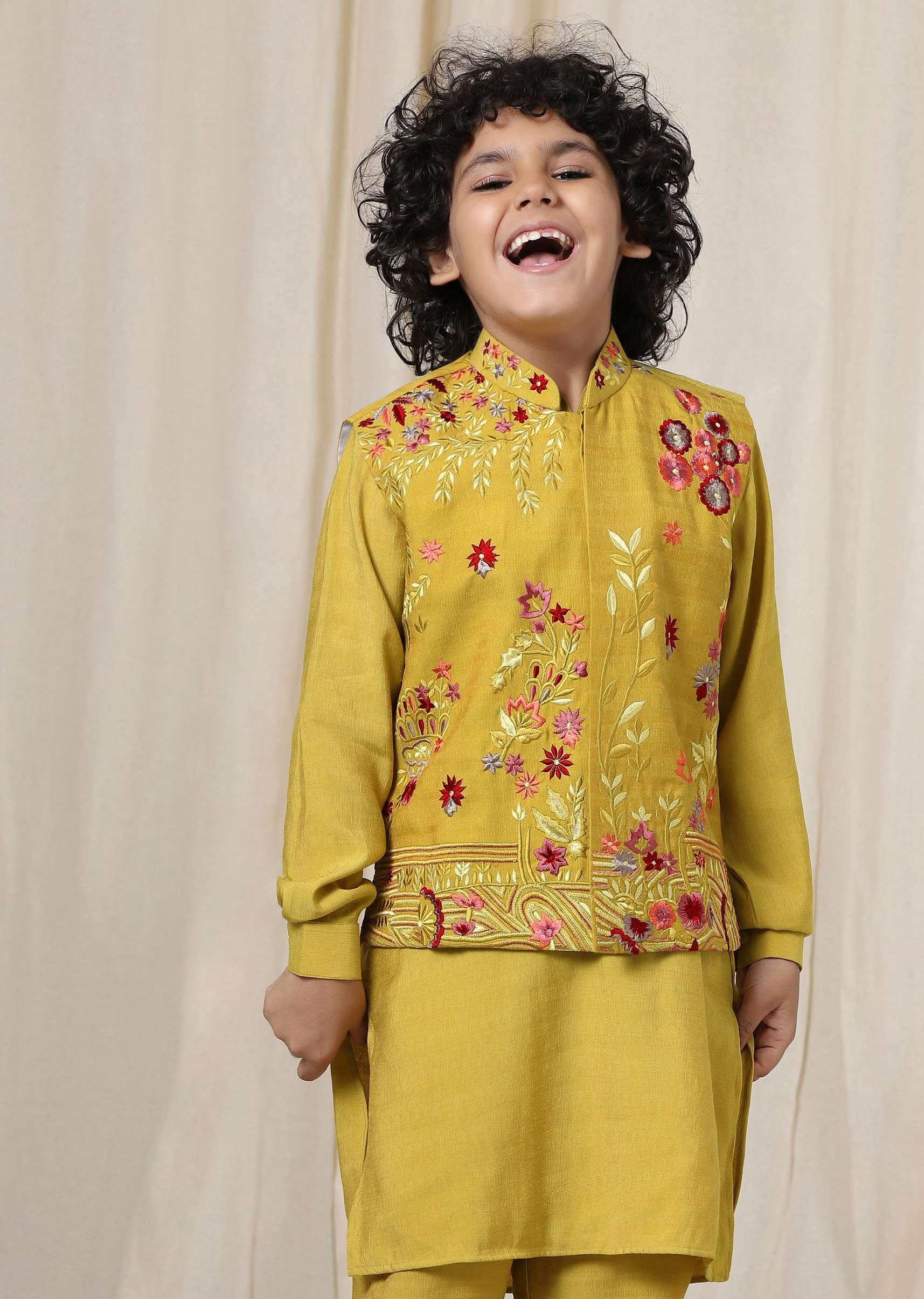 Kalki Sulphur Yellow Embroidered Bandi Kurta Set In Silk For Boys - Image 4