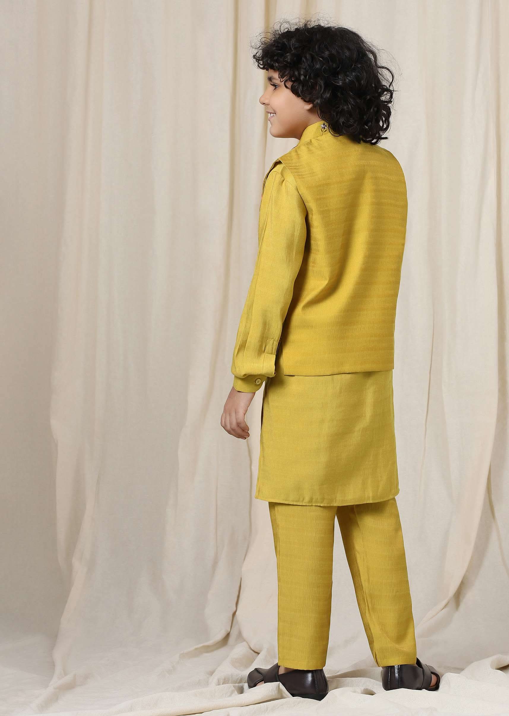 Kalki Sulphur Yellow Embroidered Bandi Kurta Set In Silk For Boys - Image 5