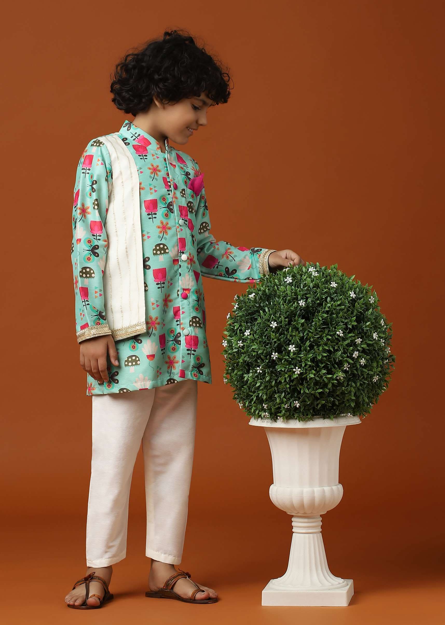 Kalki Teal Green Printed Kurta Set In Cotton Silk For Boys - Image 3