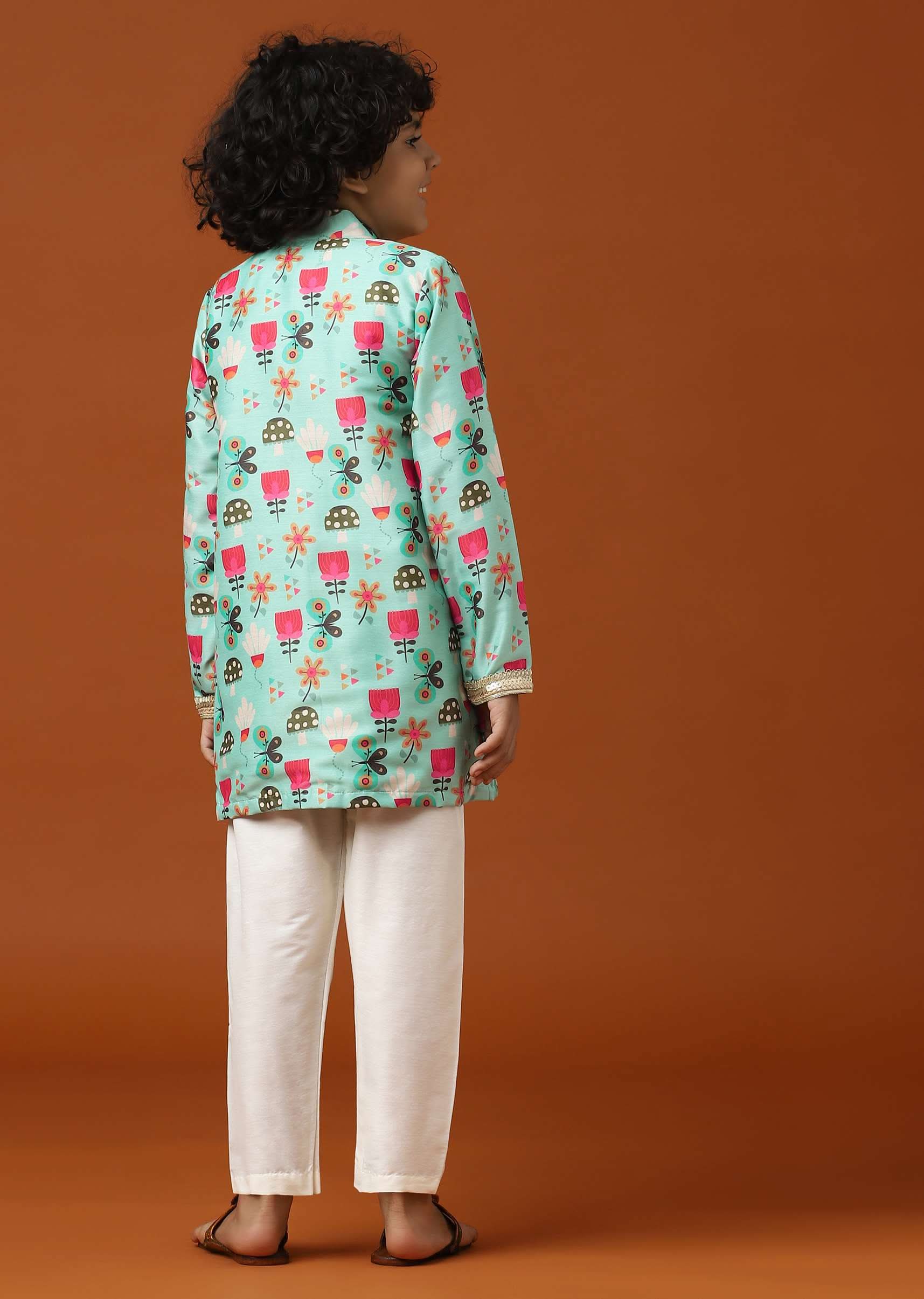 Kalki Teal Green Printed Kurta Set In Cotton Silk For Boys - Image 5