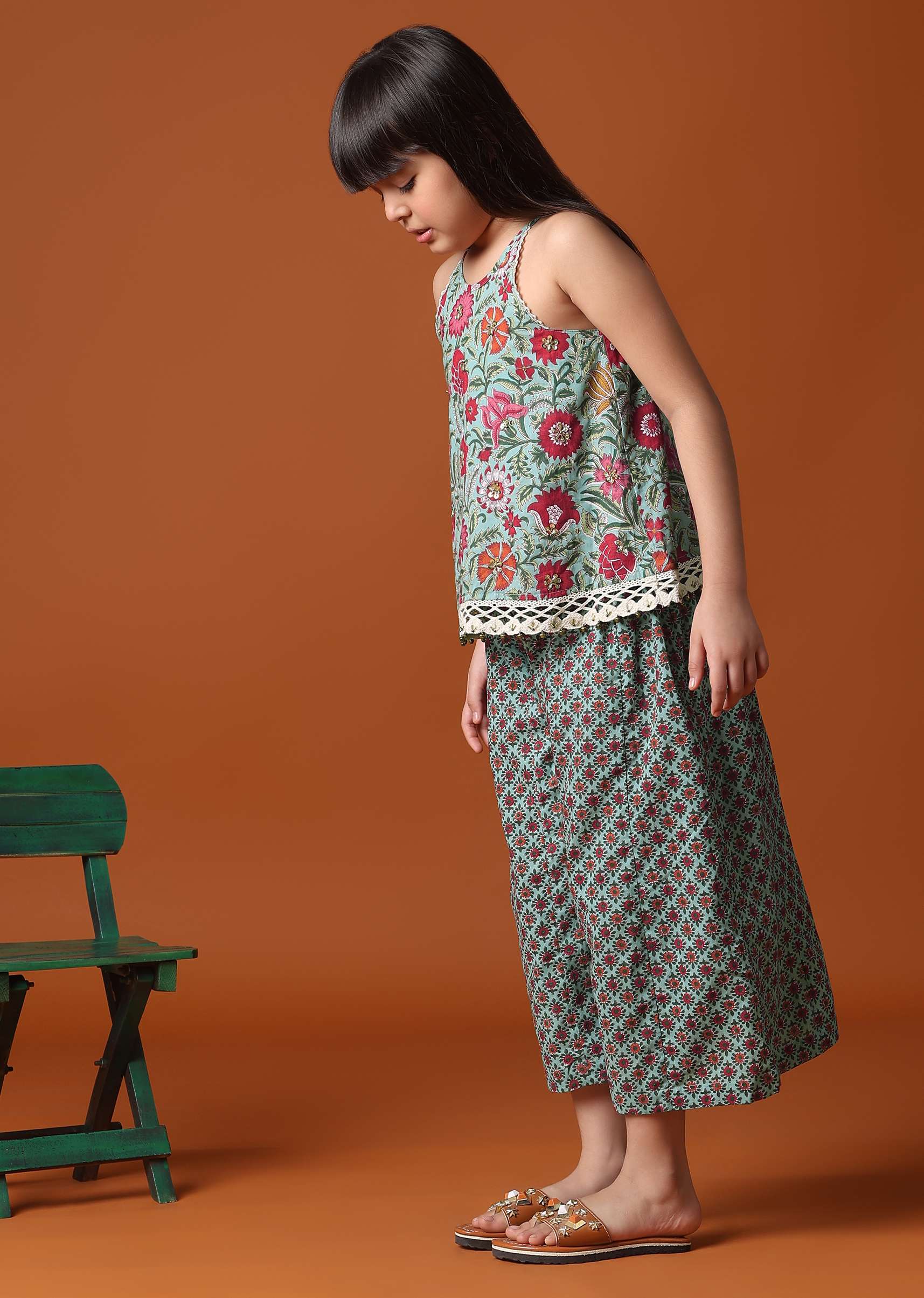 KALKI Teal Green Printed Top And Palazzo Set For Girls - Image 5