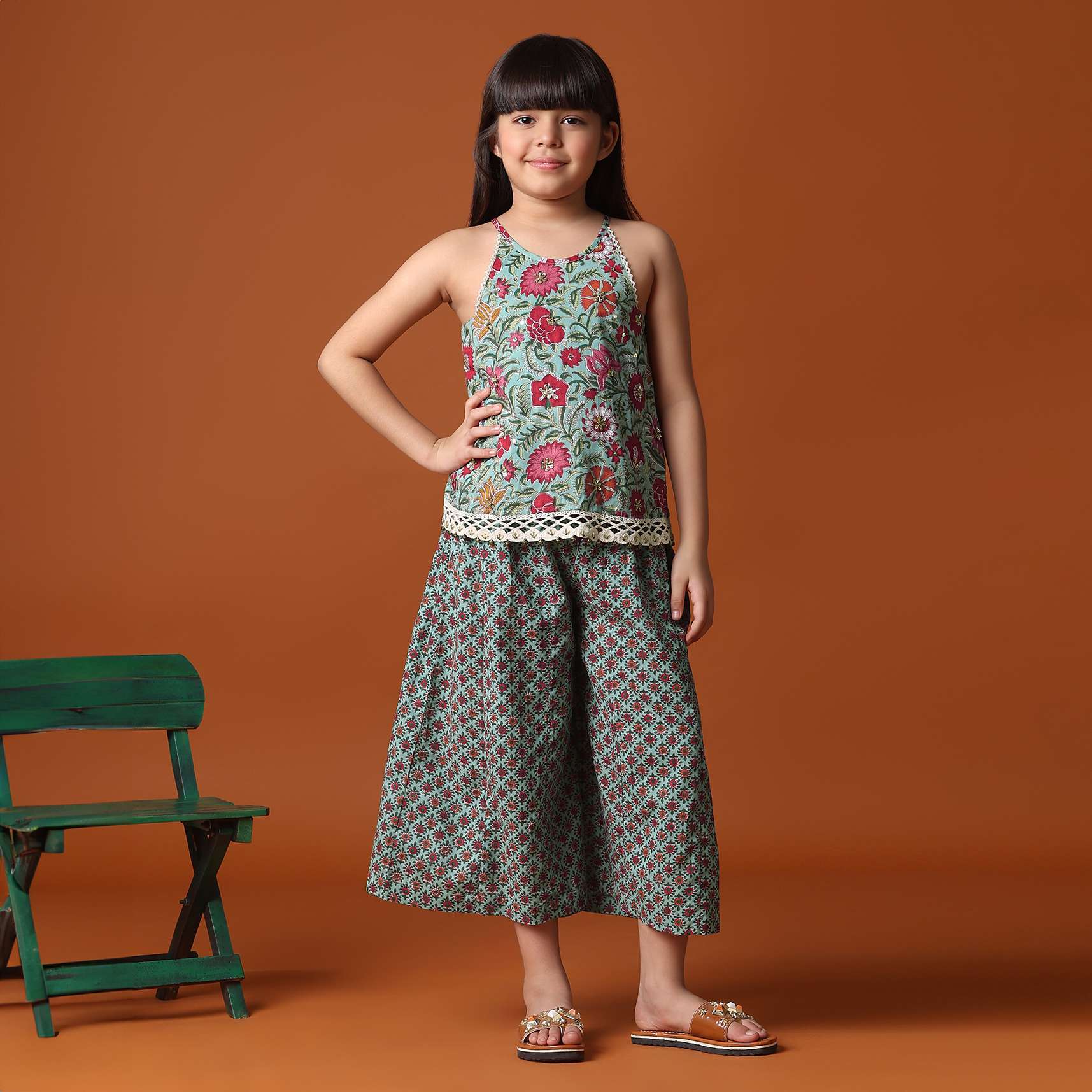 KALKI Teal Green Printed Top And Palazzo Set For Girls - Image 7