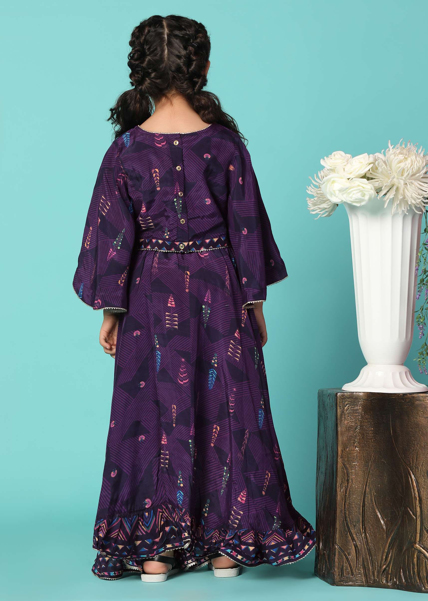 Kalki Wine Purple Top and Lehenga Set In Moga Silk With Print For Girls - Image 5