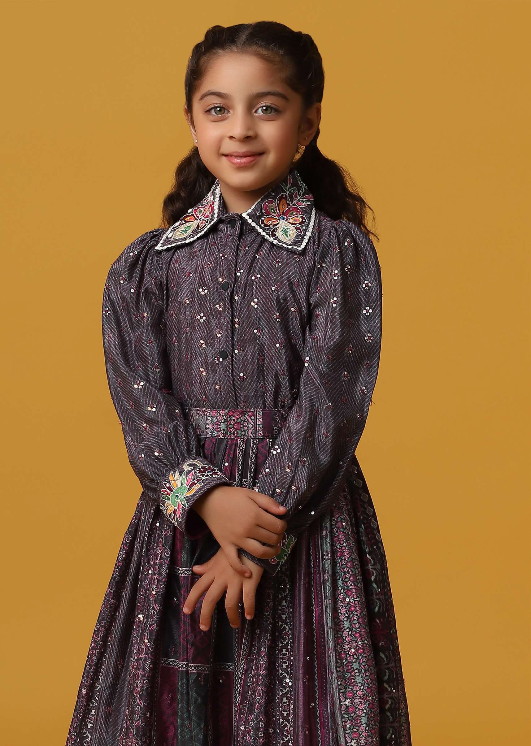 Kalki Wine Purple Top And Skirt With Sequins Embroidery In Chinon For Girls - Image 2