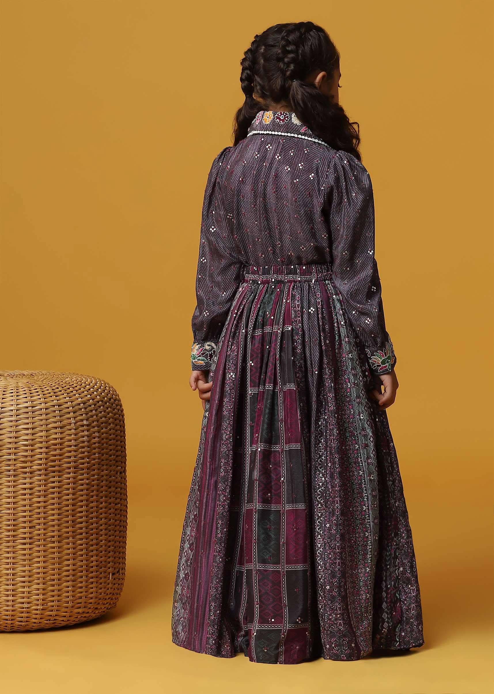 Kalki Wine Purple Top And Skirt With Sequins Embroidery In Chinon For Girls - Image 5