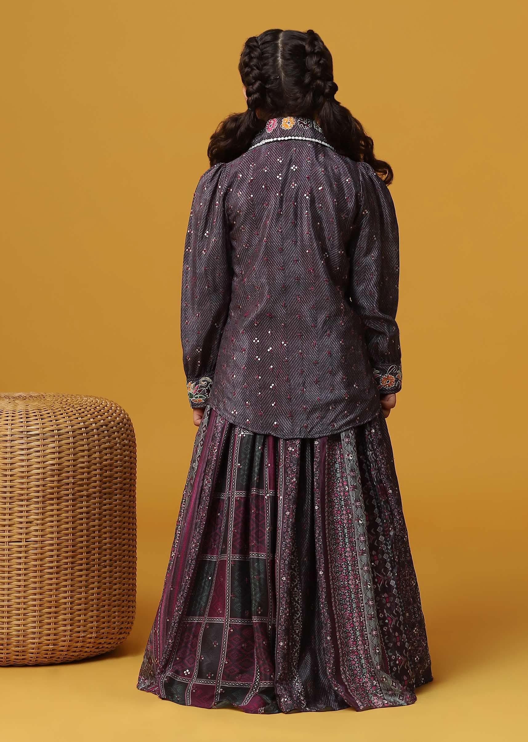 Kalki Wine Purple Top And Skirt With Sequins Embroidery In Chinon For Girls - Image 6