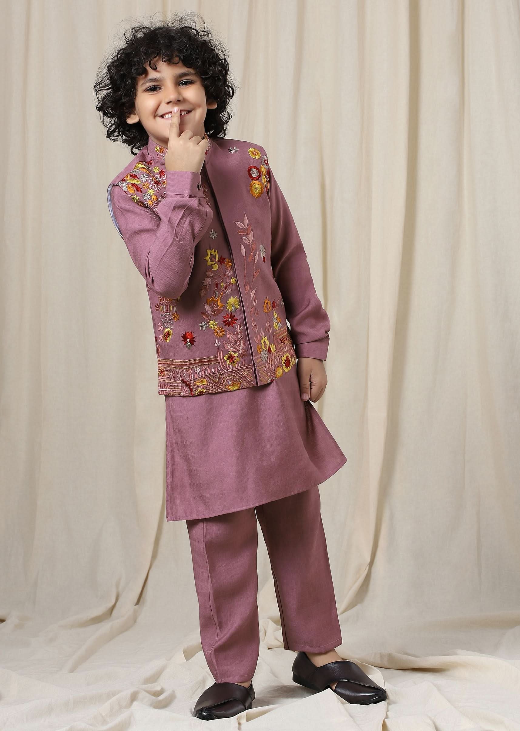 Kalki Wistful Mauve Purple Embroidered Bandi Kurta Set In Silk For Boys - Image 3