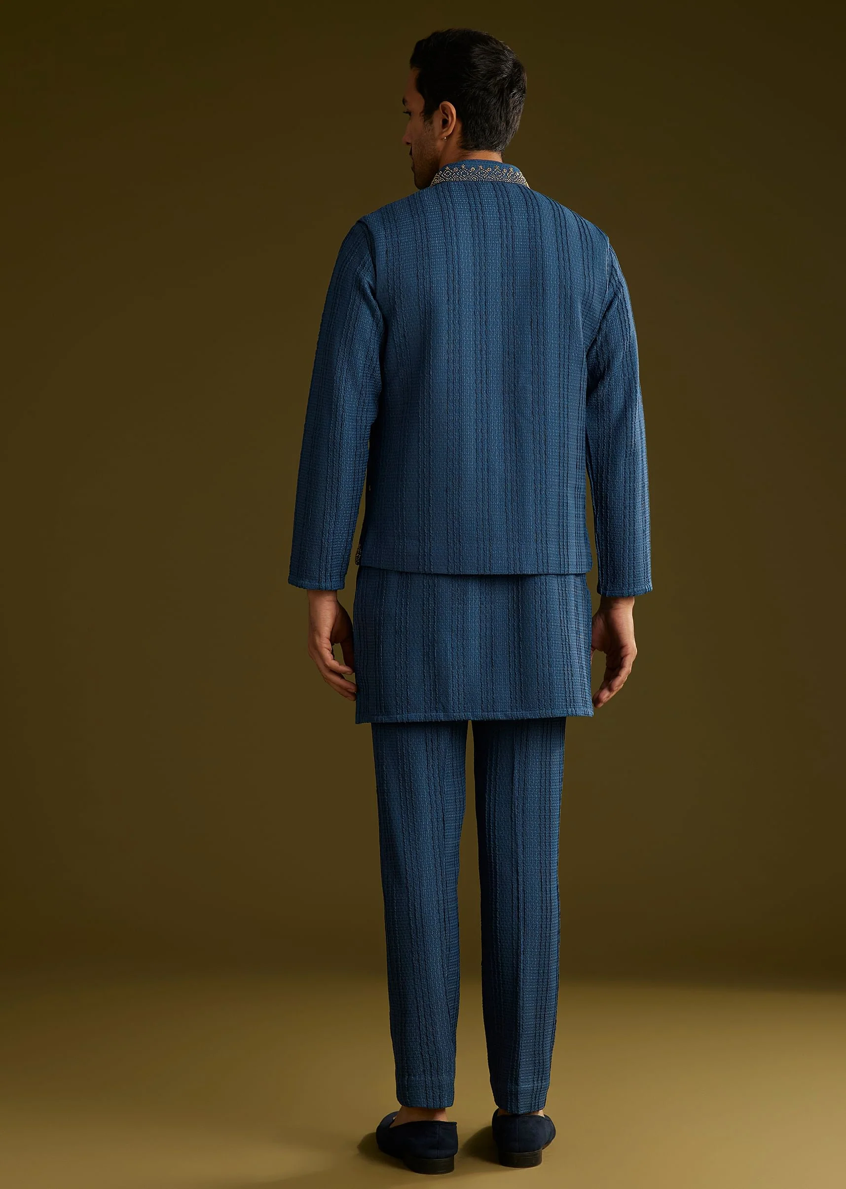 Knit Kurta Jacket Set With Moti Work In Navy Blue - Image 5