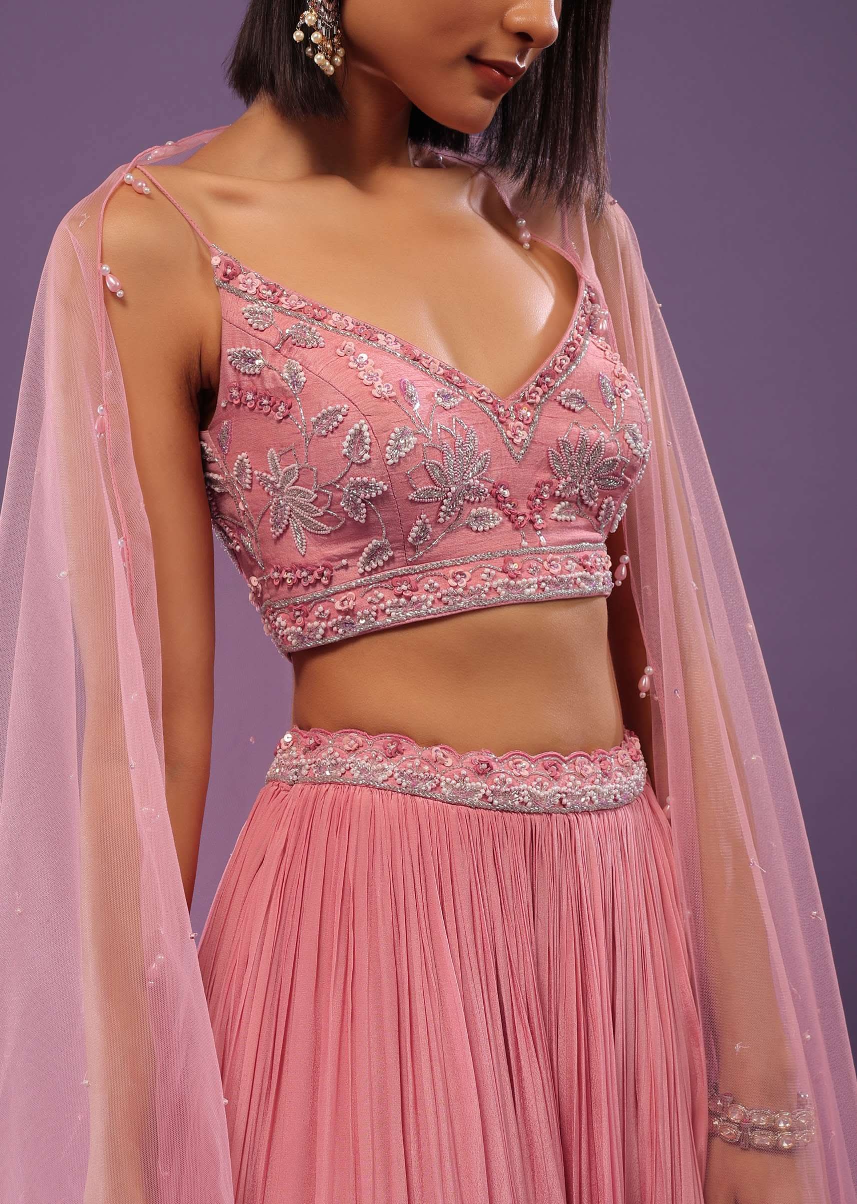 Petal Pink Embroidered Bridesmaid Lehenga Set In Crepe - Image 4