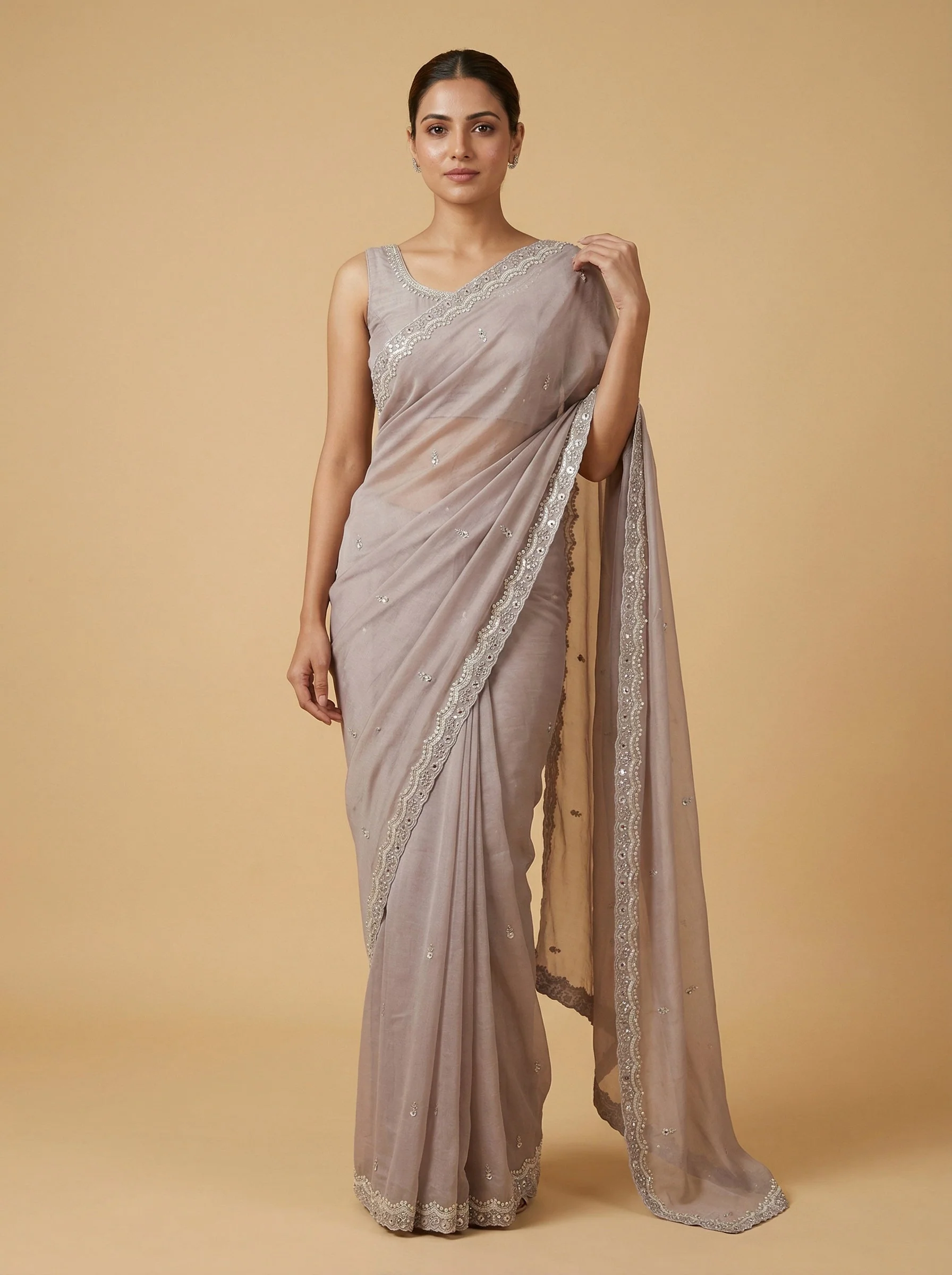 Latte Beige Embroidered Saree