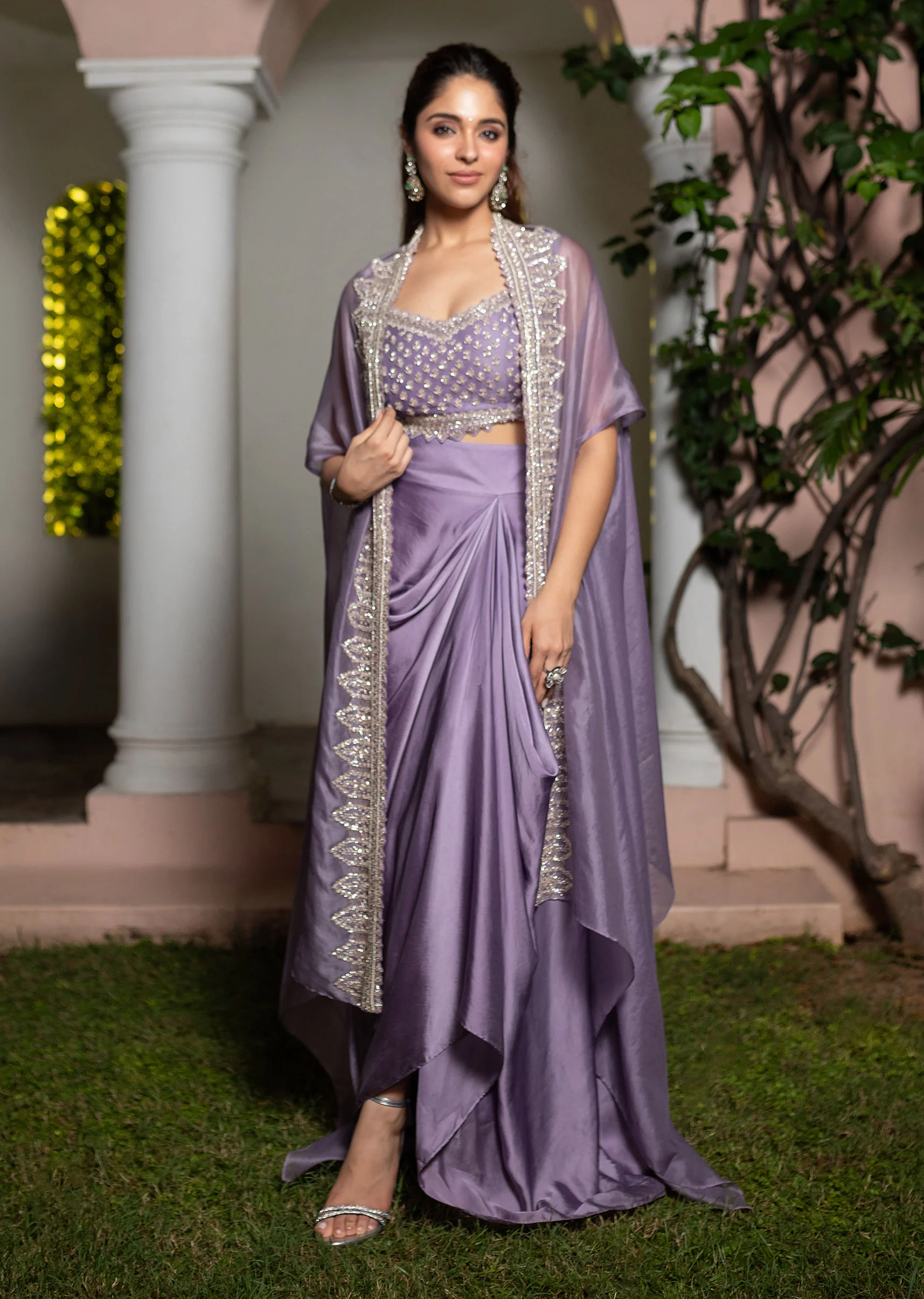 Lavendar Embroidered Crop Top And Sequin Work Jacket With Draped Skirt - Image 7