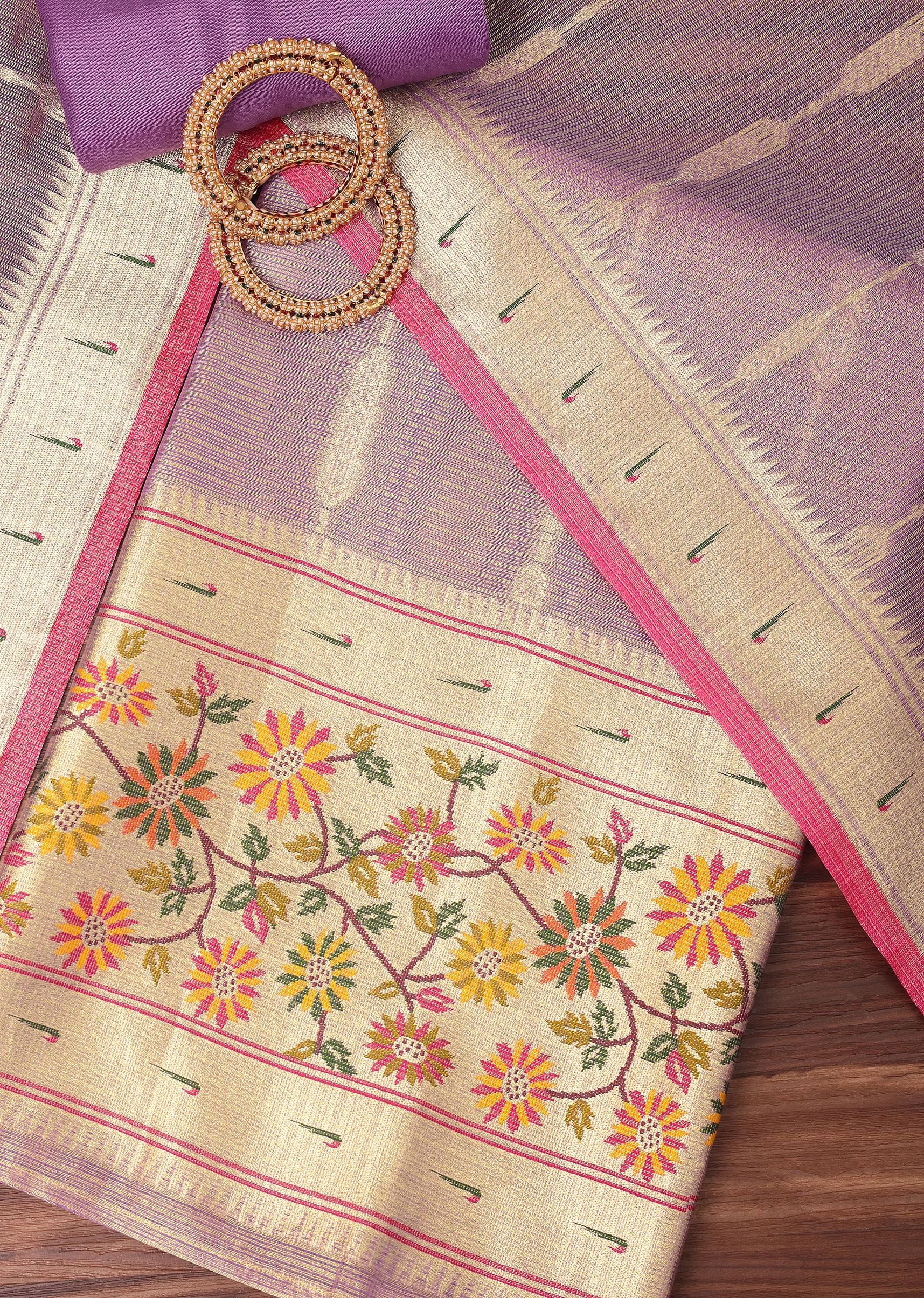 Lavender And Gold Paithani Woven Silk Dress Material - Image 4
