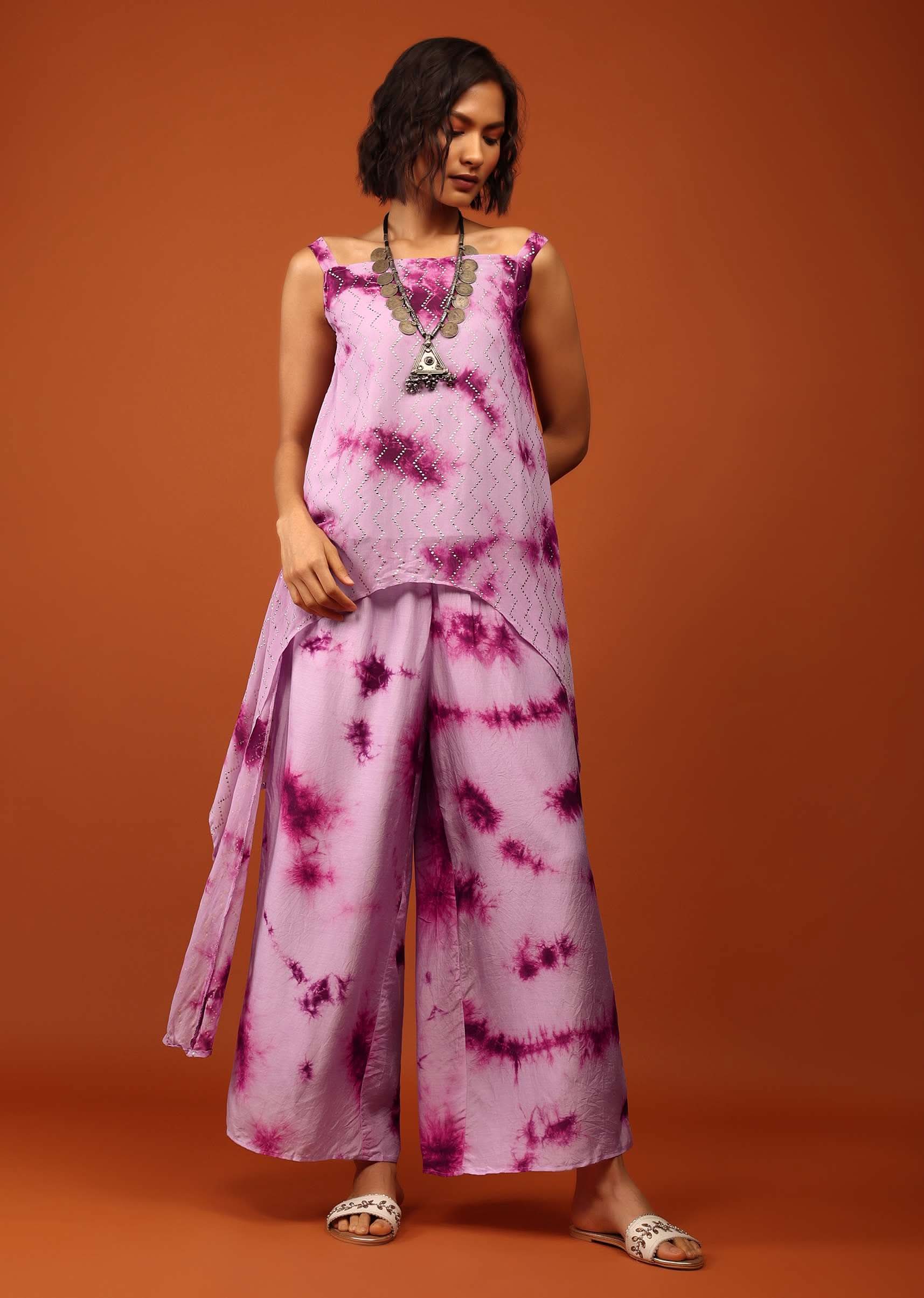 Lavender And Plum Purple Tie Dye Print Top & Bottom Set Embellished In Georgette - Image 2