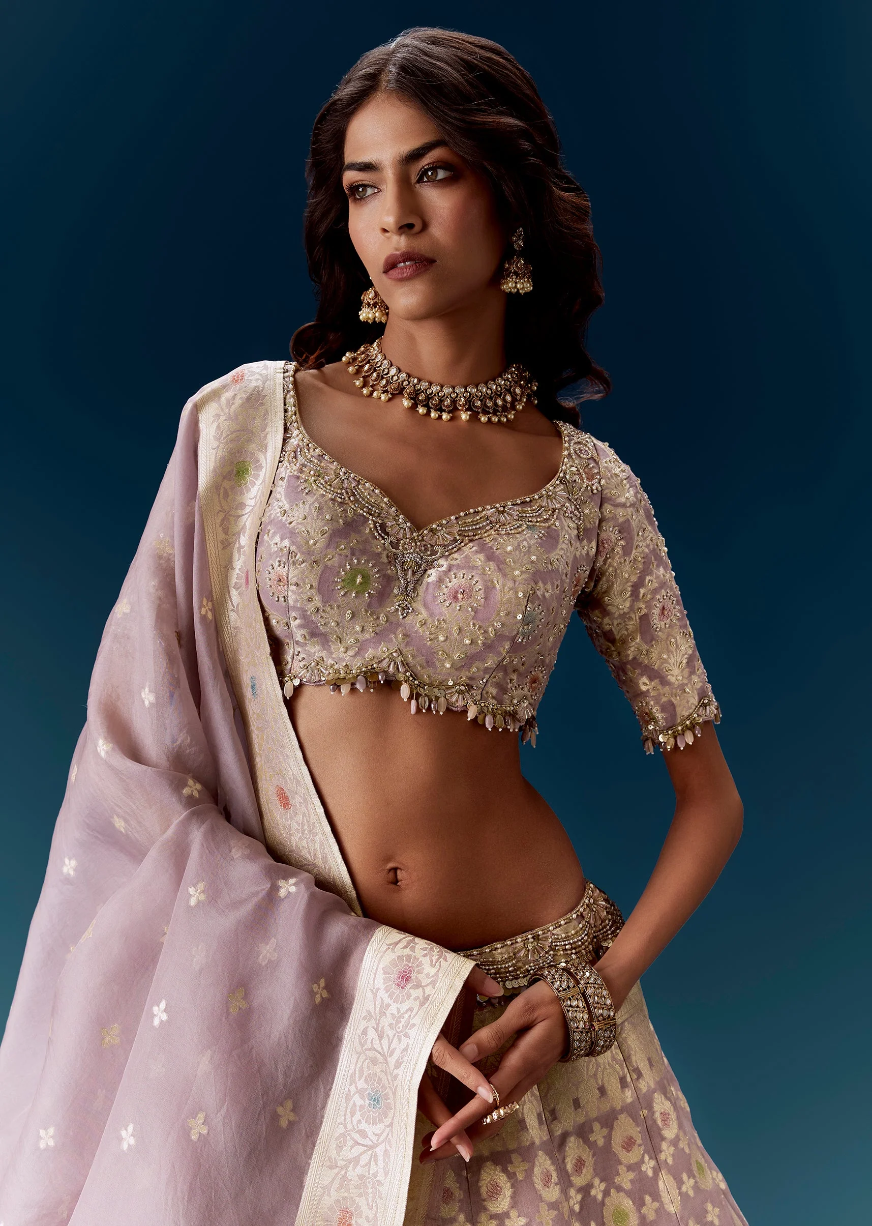 Lavender Banarasi Bridal Lehengas With Embroidered Blouse And Dupatta - Image 3