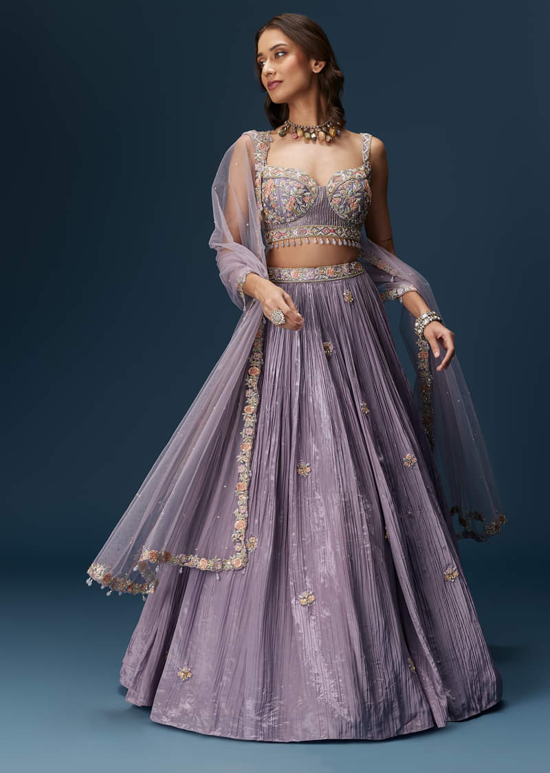 Lavender Bridesmaid Lehenga With Sweetheart Neckline Blouse And Embroidered Dupatta - Image 2