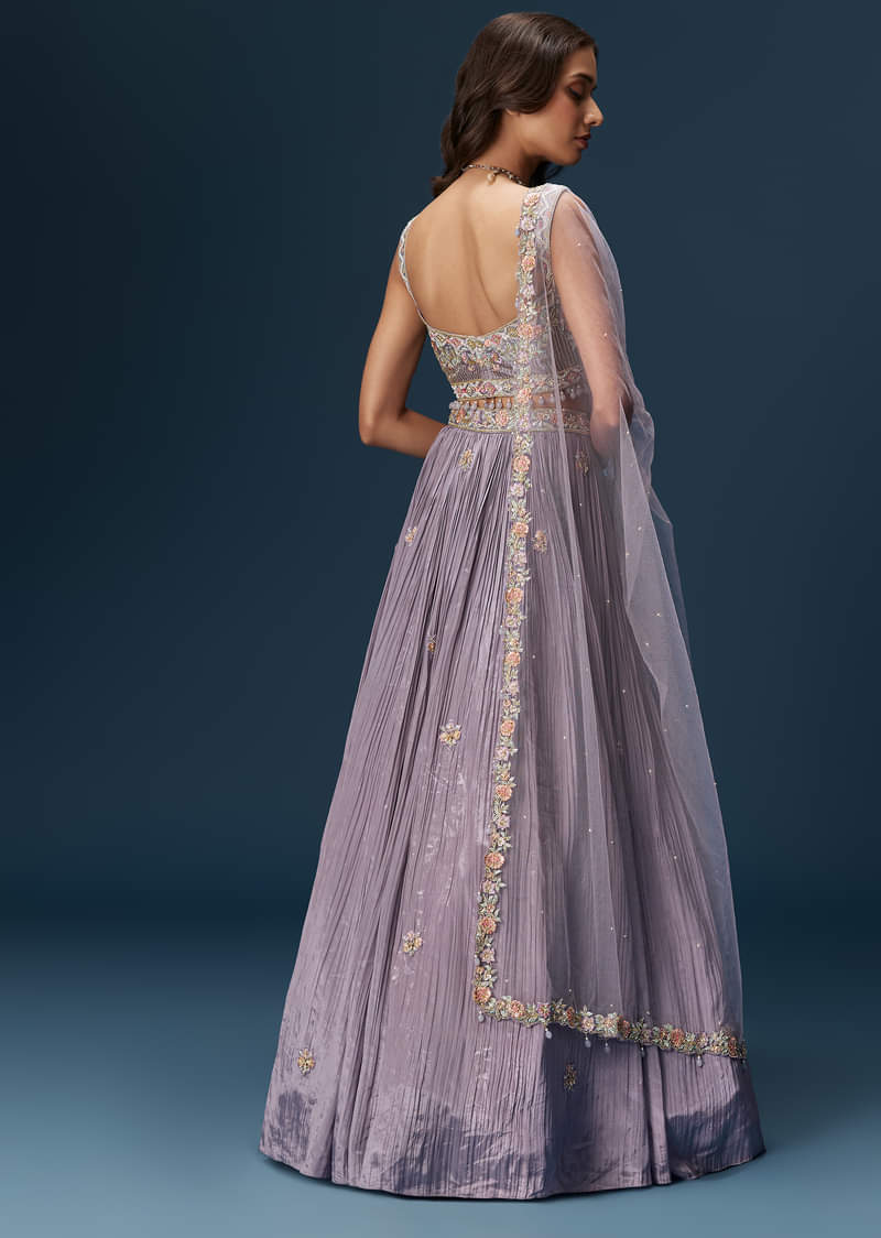 Lavender Bridesmaid Lehenga With Sweetheart Neckline Blouse And Embroidered Dupatta - Image 3