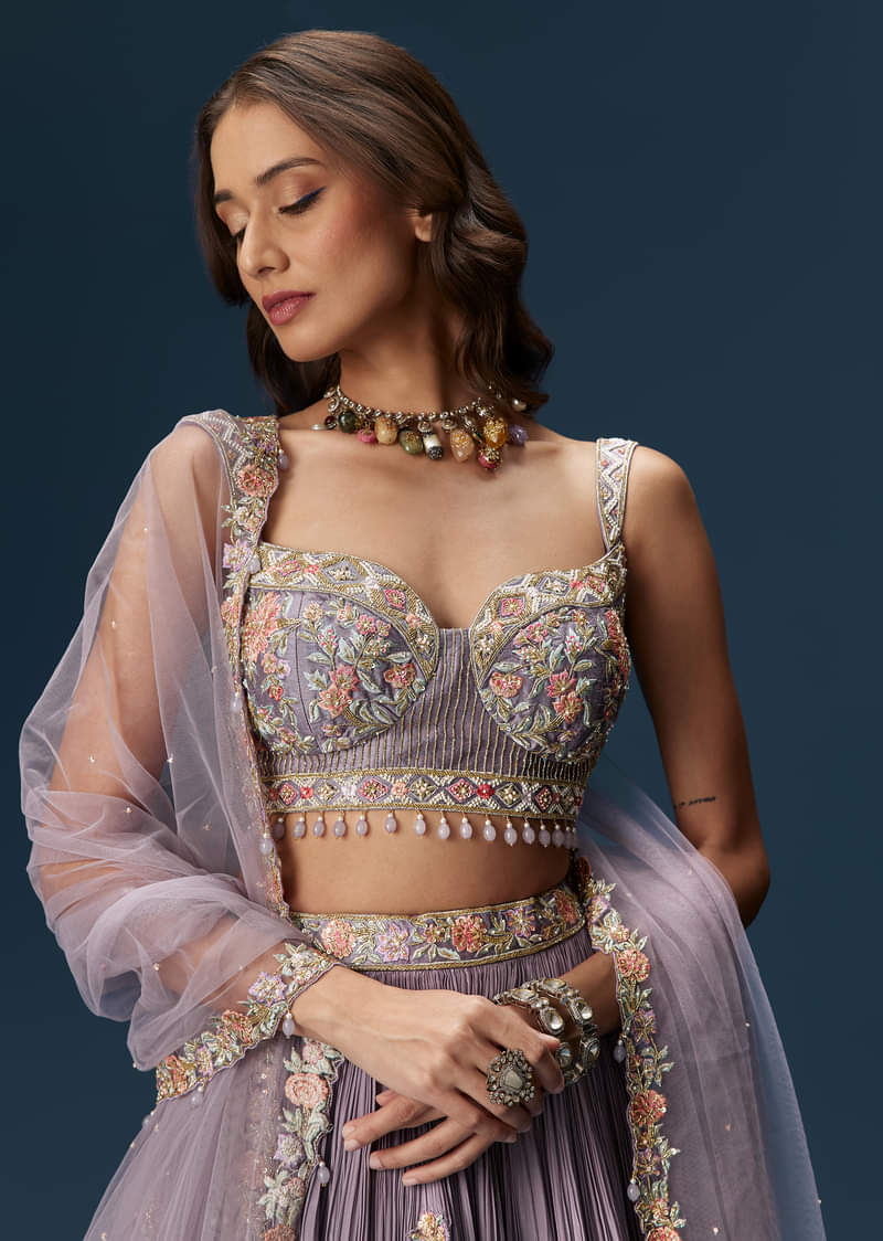 Lavender Bridesmaid Lehenga With Sweetheart Neckline Blouse And Embroidered Dupatta - Image 4
