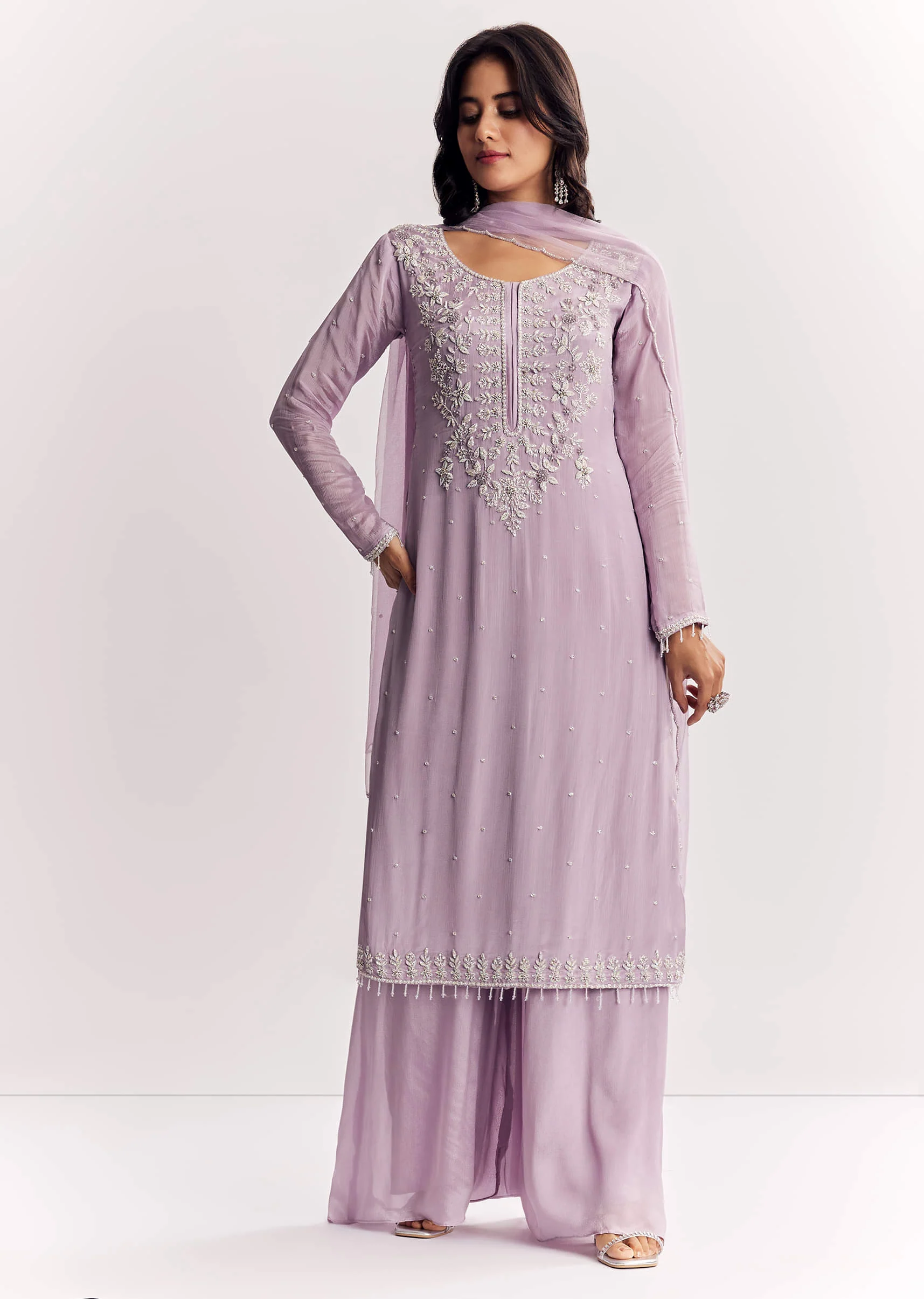 Lavender Chinon Kurta Palazzo Suit With Zardosi And Cutdana Dupatta - Image 2