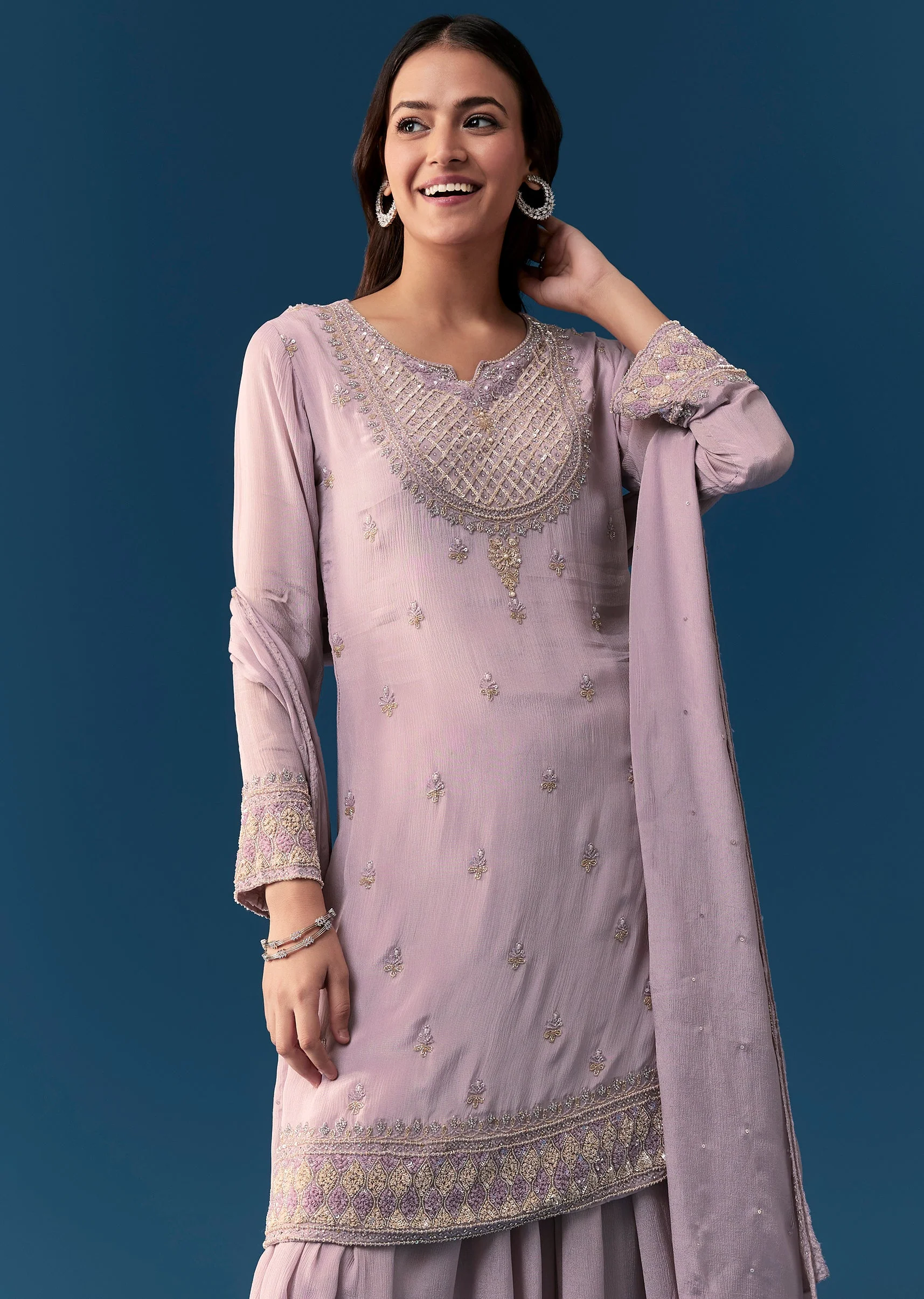 Lavender Chinon Palazzo Set With Sequins And Stone Work. - Image 4