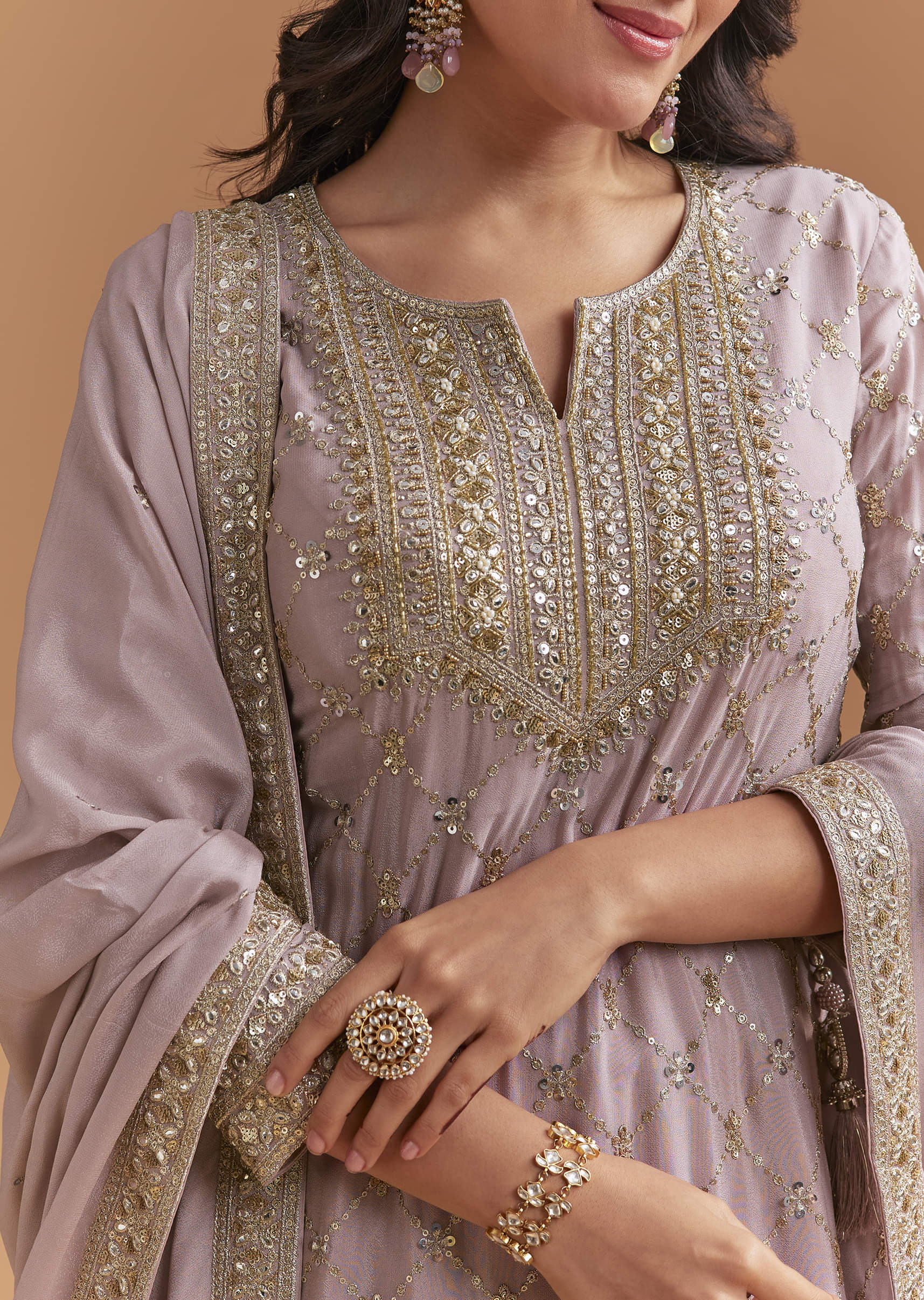 Lavender Chinon Palazzo Suit With Intricate Sequins Work - Image 2