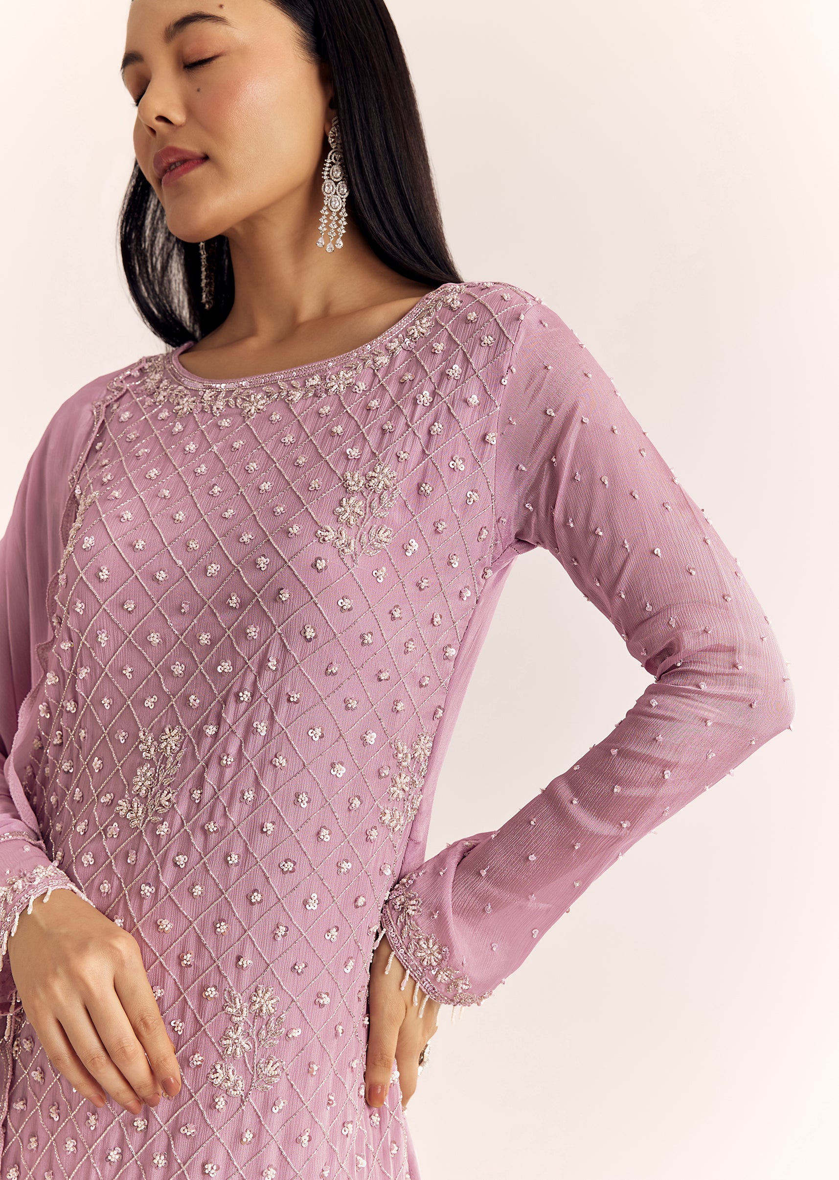 Lavender Chinon Sharara Suit With Cutdana Moti And Sequins
