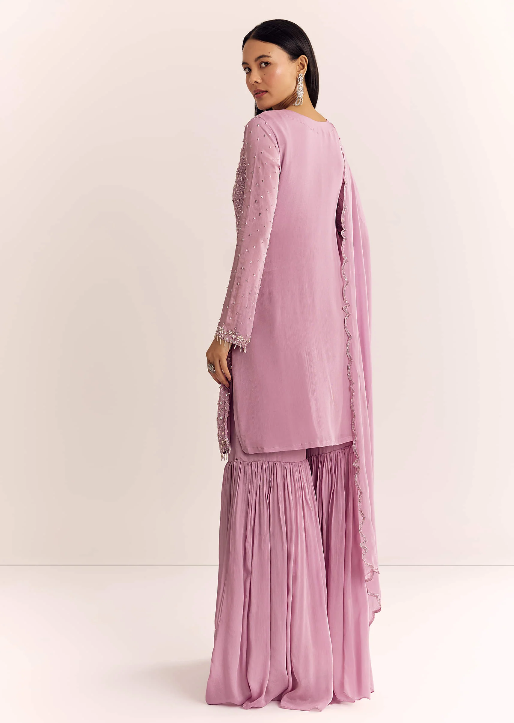 Lavender Chinon Sharara Suit With Cutdana Moti And Sequins - Image 5